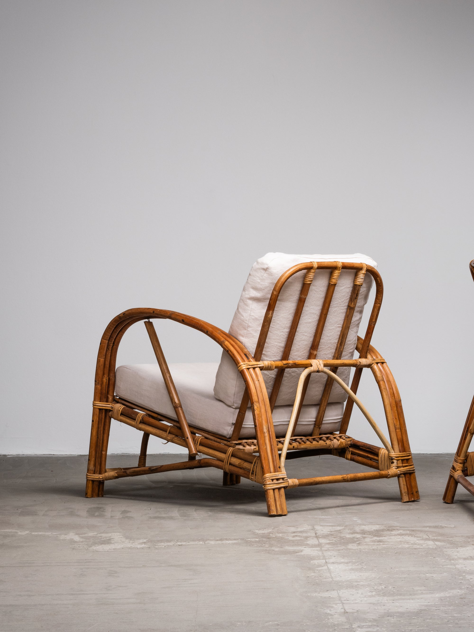 Pair of Swedish Art Deco Style Bamboo Lounge Chairs with Linen Cushions, 1940s