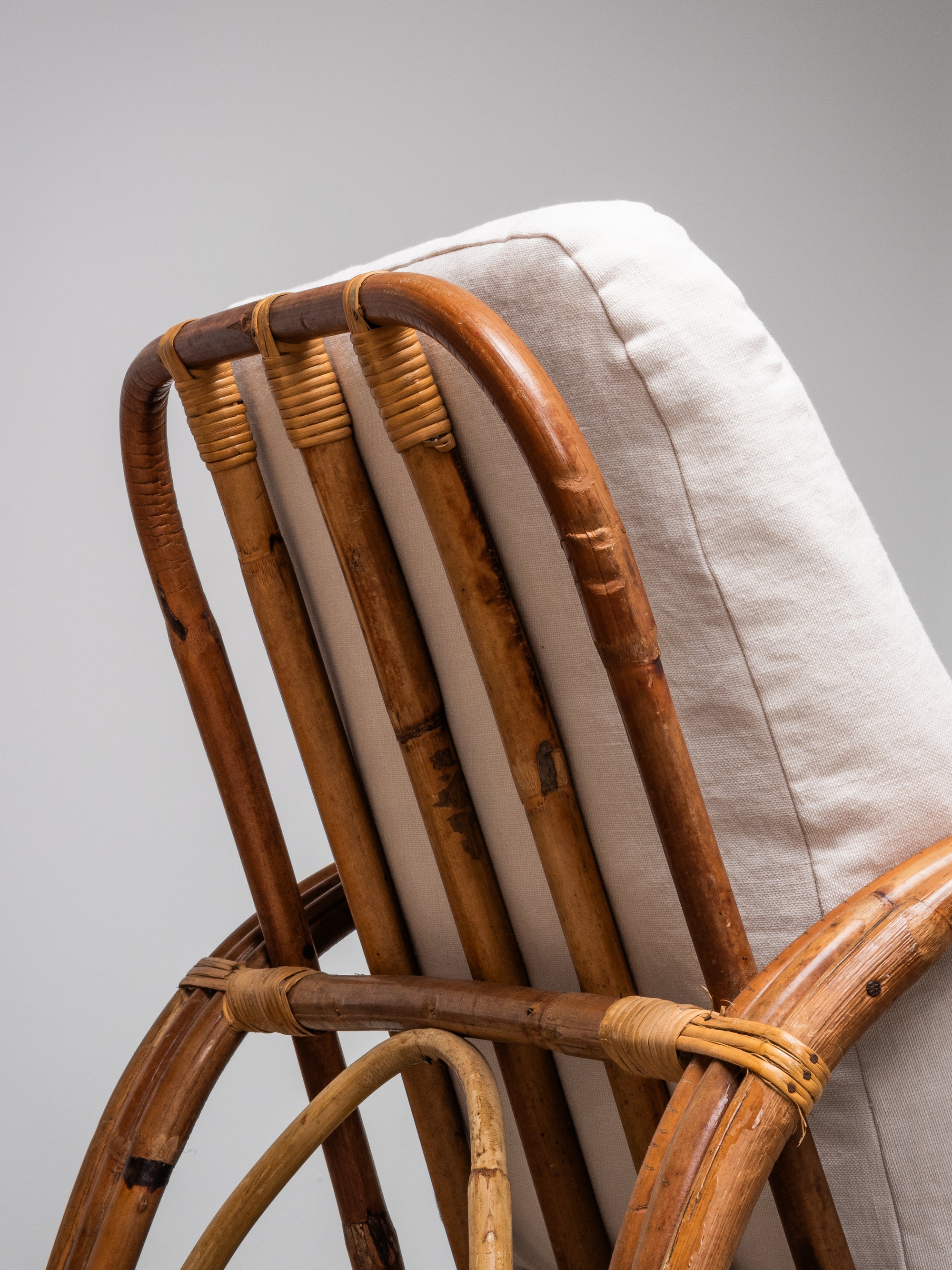 Pair of Swedish Art Deco Style Bamboo Lounge Chairs with Linen Cushions, 1940s