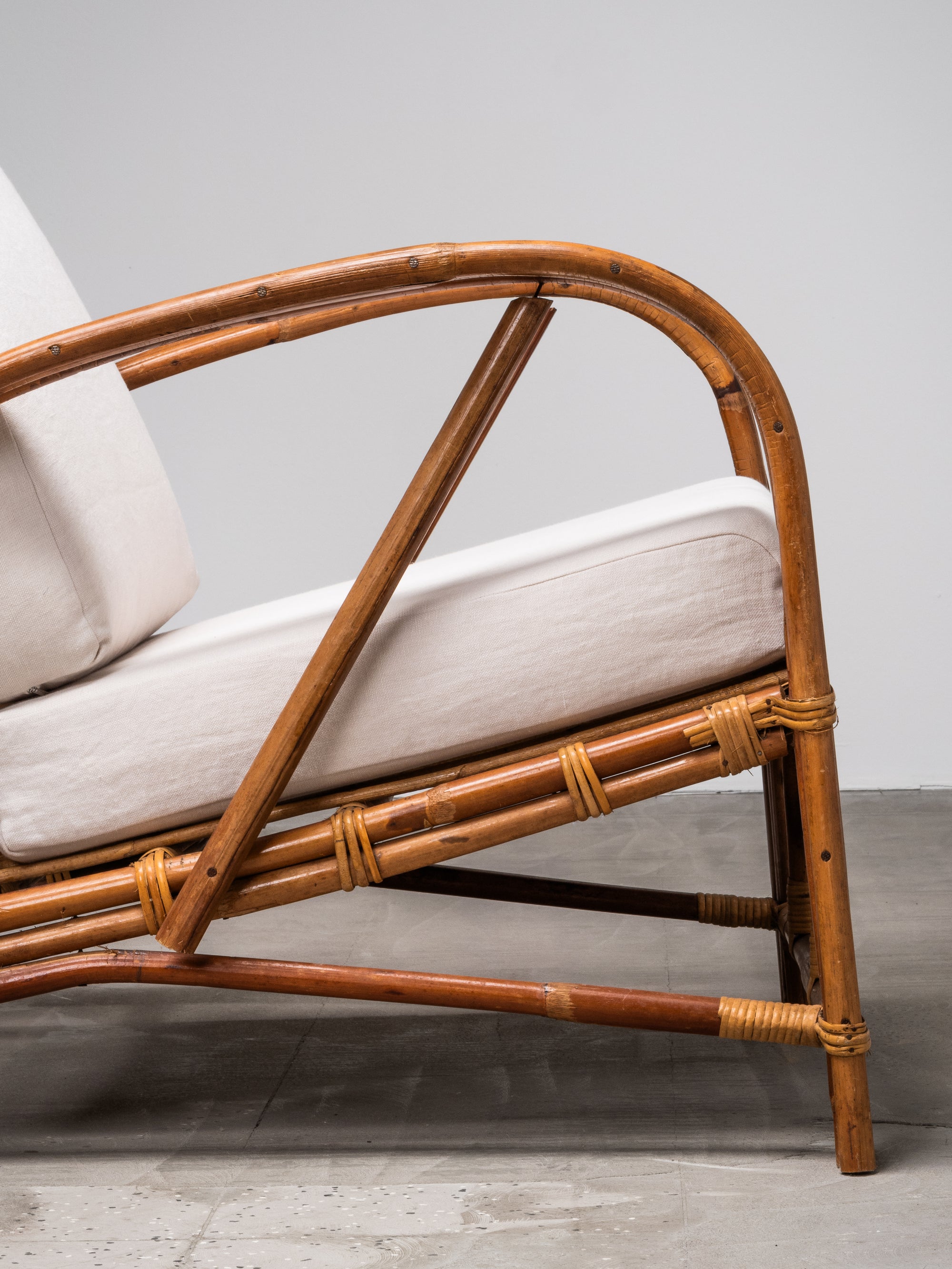 Pair of Swedish Art Deco Style Bamboo Lounge Chairs with Linen Cushions, 1940s