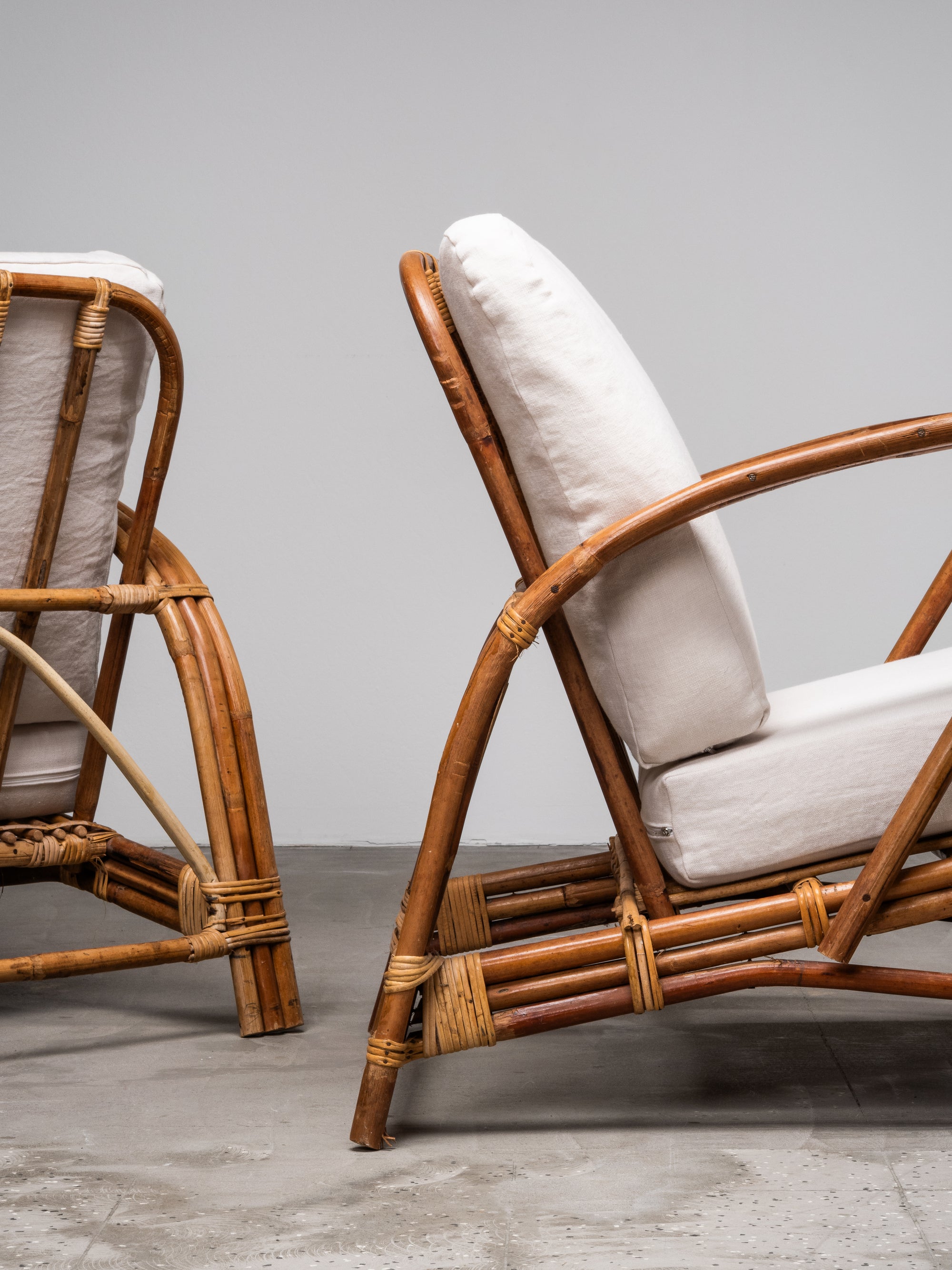 Pair of Swedish Art Deco Style Bamboo Lounge Chairs with Linen Cushions, 1940s
