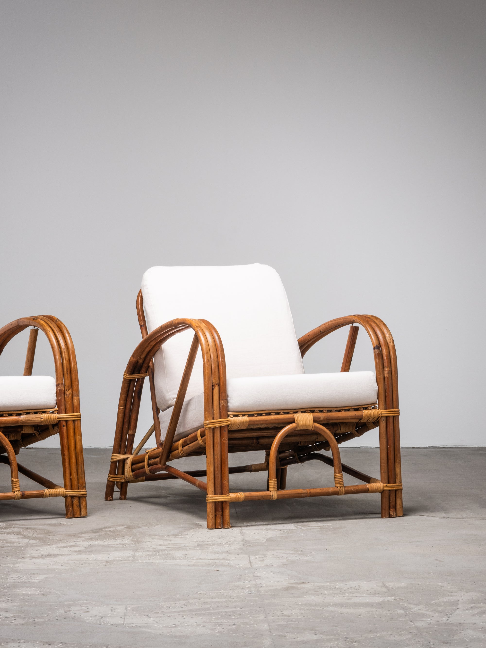 Pair of Swedish Art Deco Style Bamboo Lounge Chairs with Linen Cushions, 1940s
