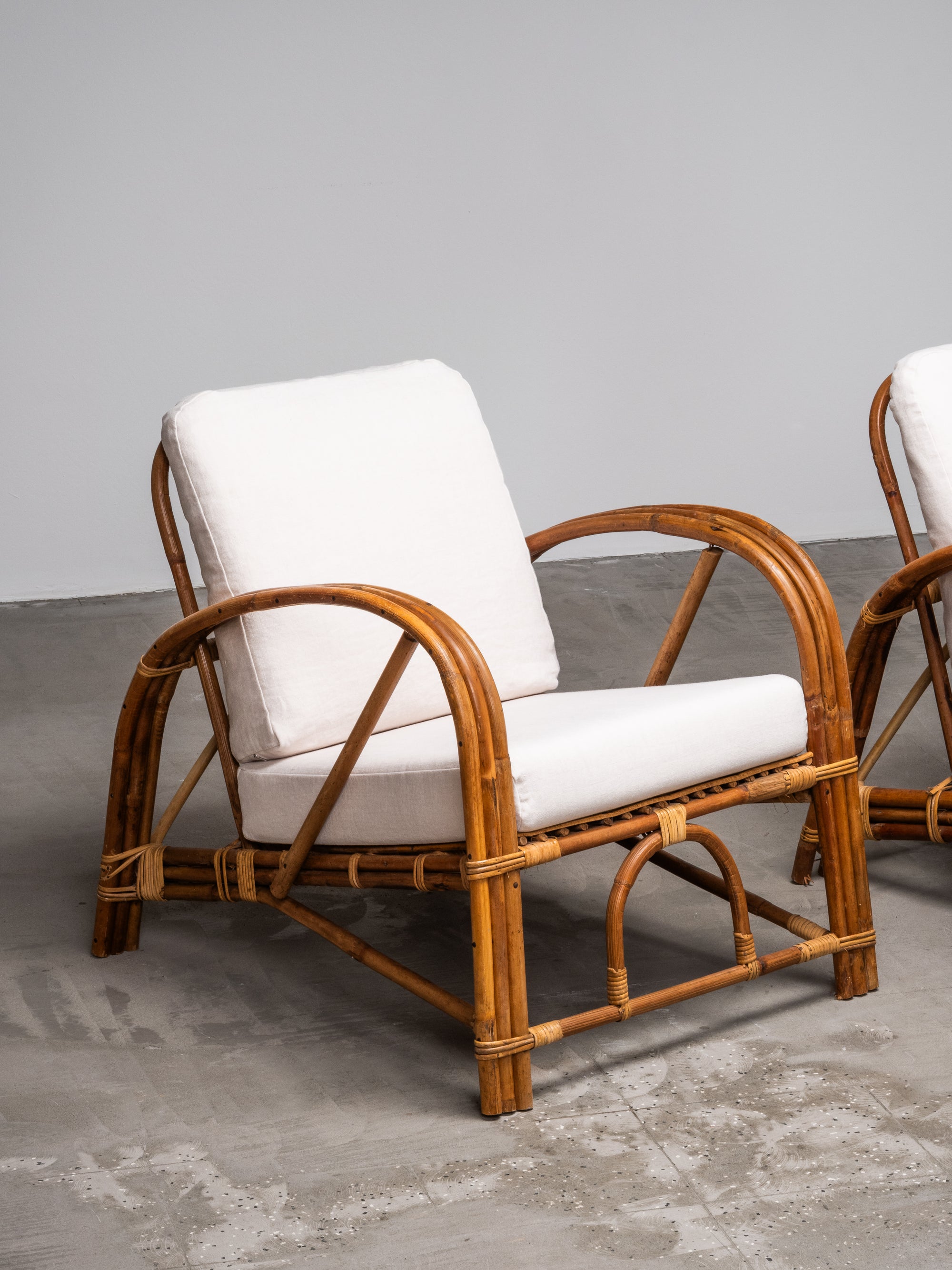 Pair of Swedish Art Deco Style Bamboo Lounge Chairs with Linen Cushions, 1940s