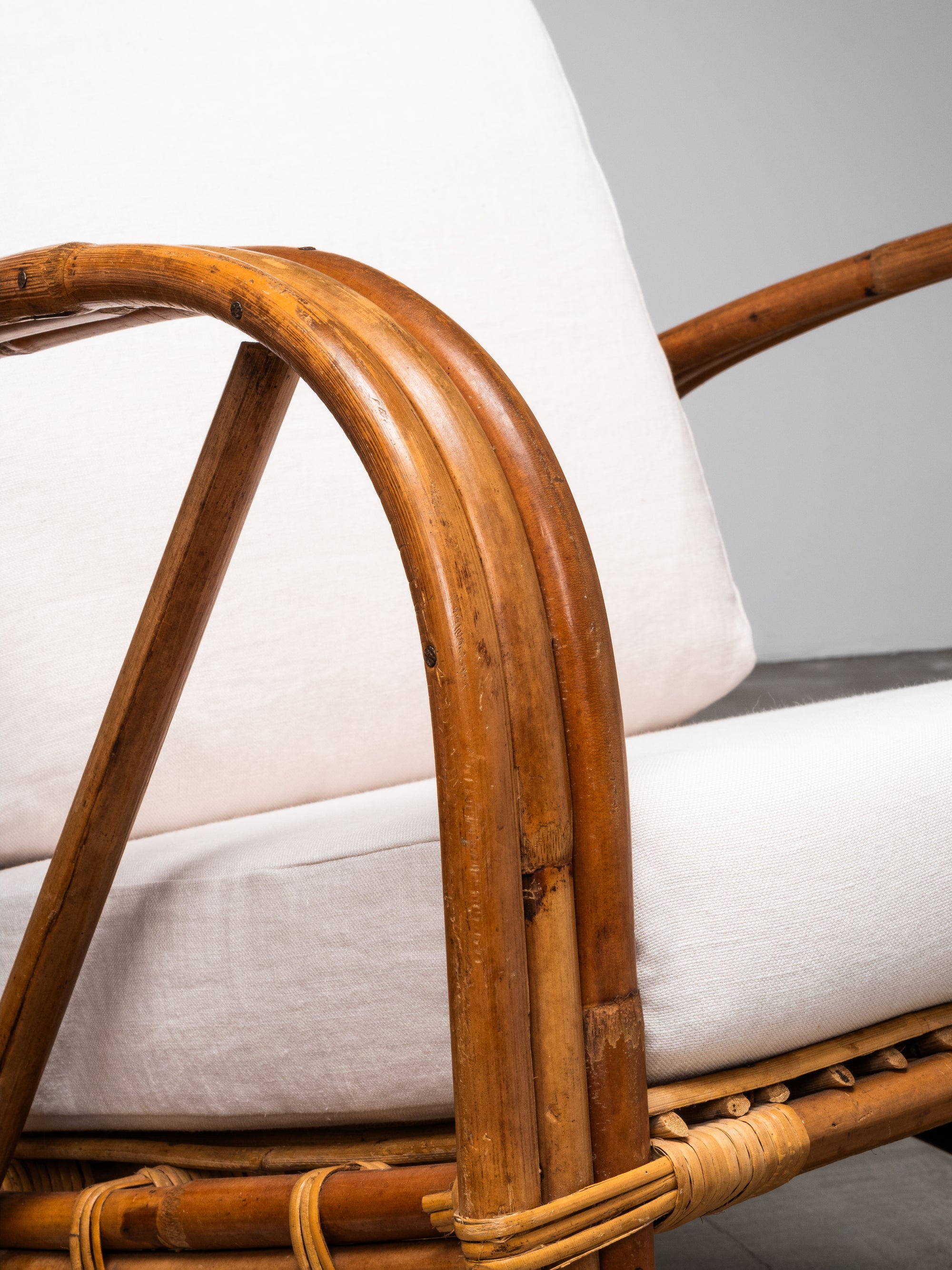 Pair of Swedish Art Deco Style Bamboo Lounge Chairs with Linen Cushions, 1940s
