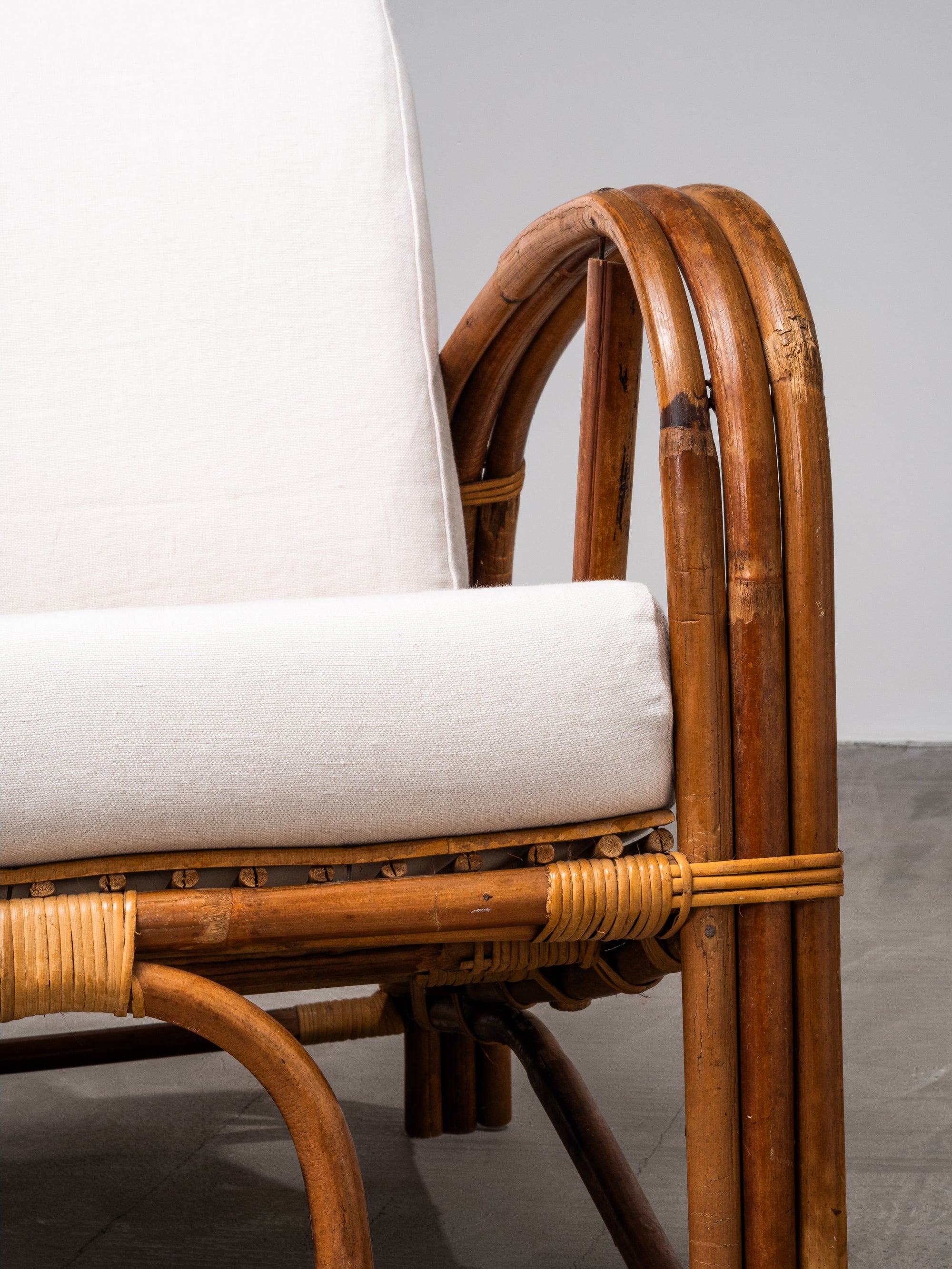 Pair of Swedish Art Deco Style Bamboo Lounge Chairs with Linen Cushions, 1940s