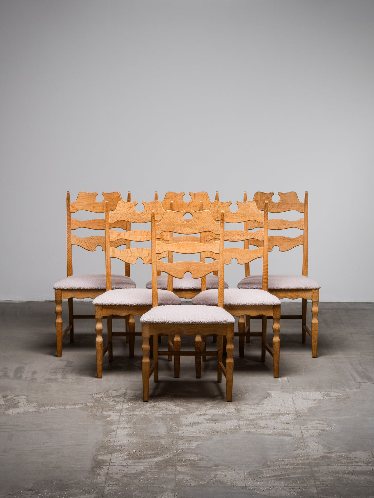 Set of 6 Oak Dining Chairs with Bouclé Upholstery by Henning Kjærnulf, 1960s