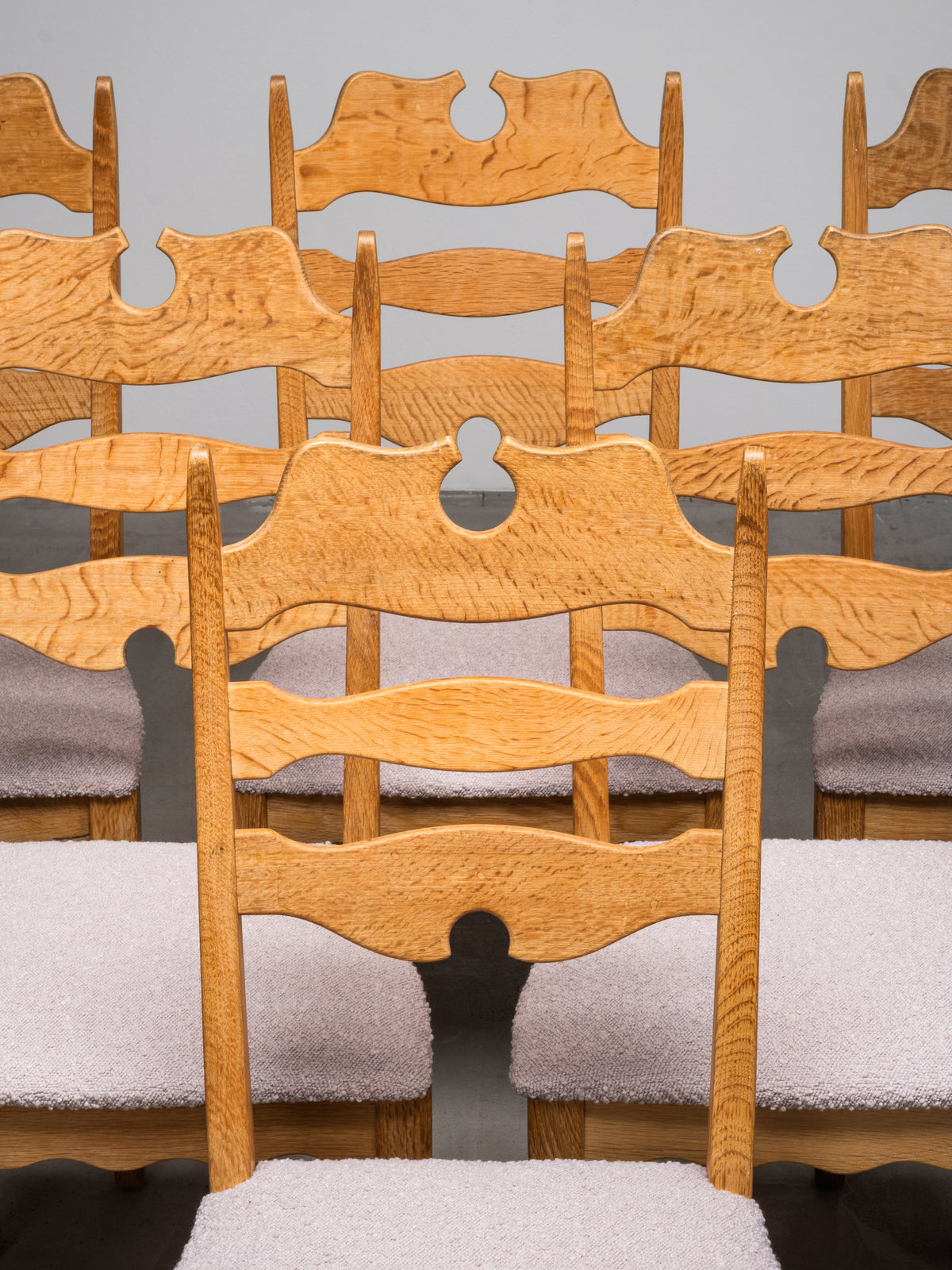 Set of 6 Oak Dining Chairs with Bouclé Upholstery by Henning Kjærnulf, 1960s