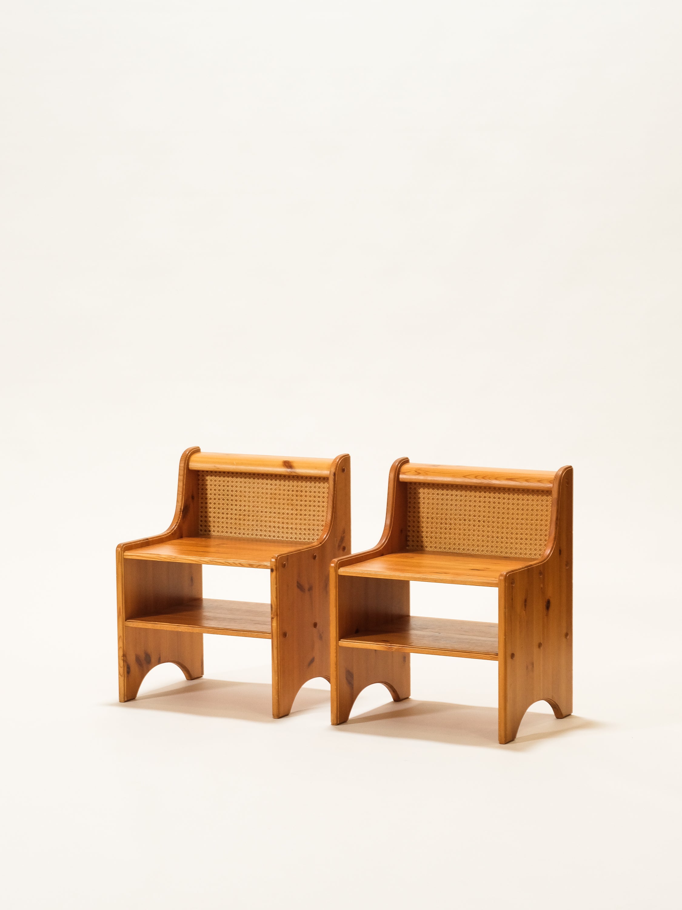 Scandinavian Mid-Century Pine & Rattan Bedside Tables, Set of 2
