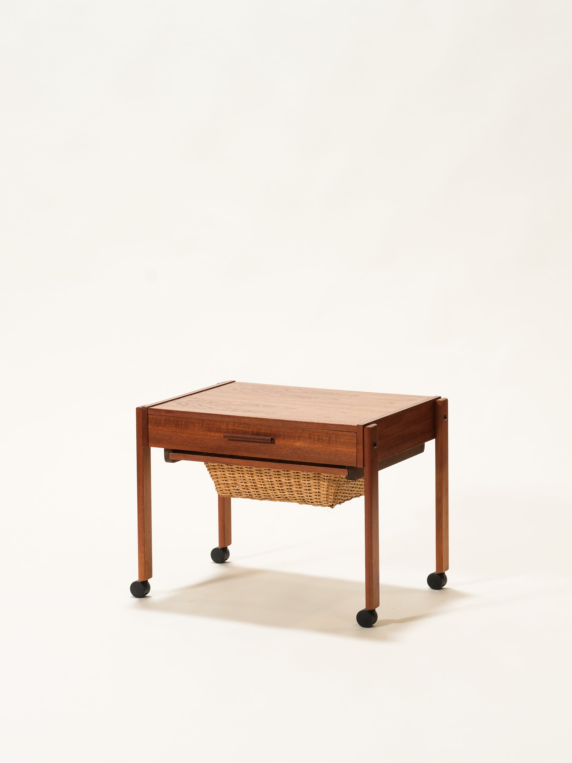 Mid-Century Danish Teak Sewing Trolley with Rattan Basket