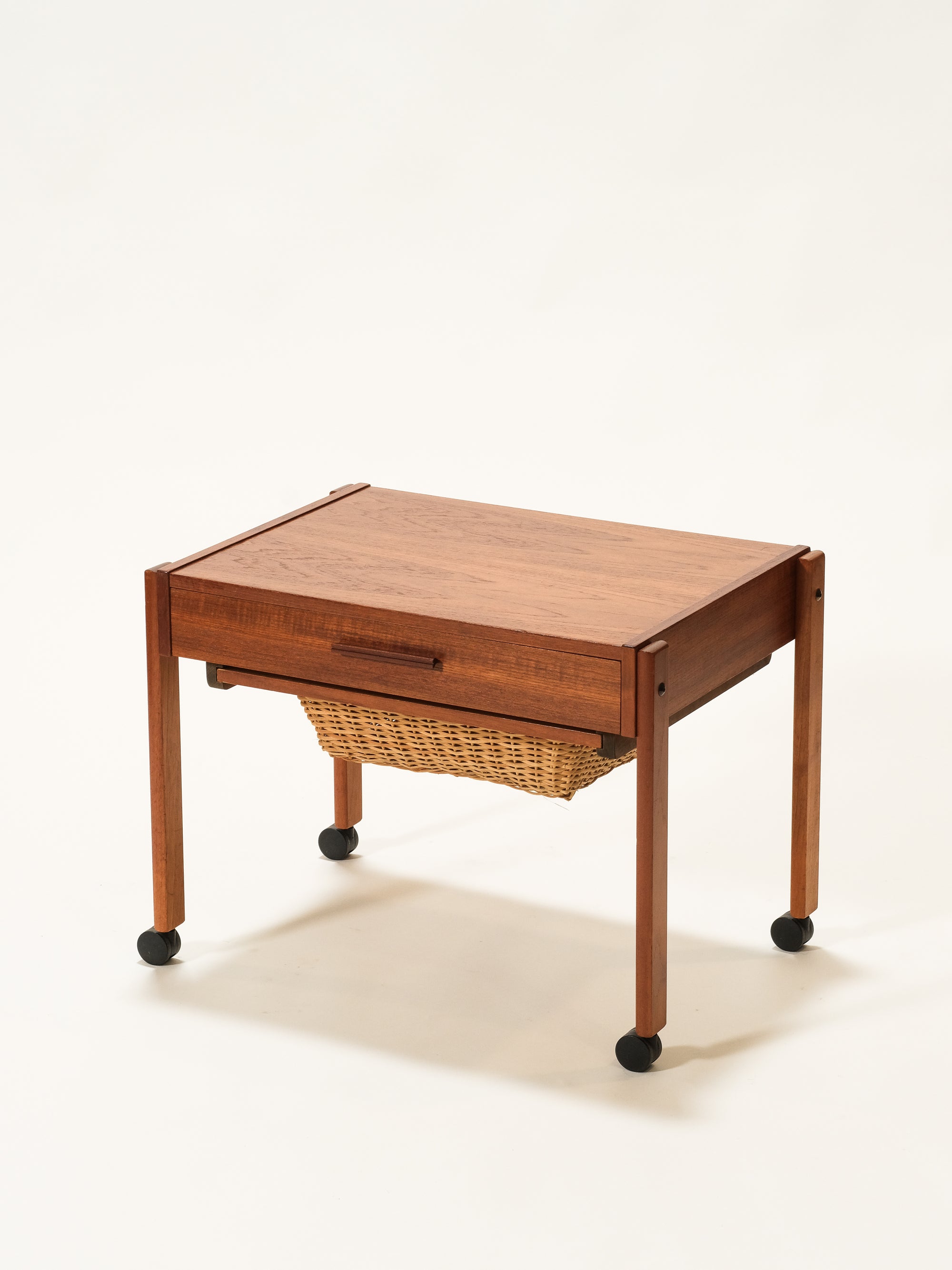 Mid-Century Danish Teak Sewing Trolley with Rattan Basket