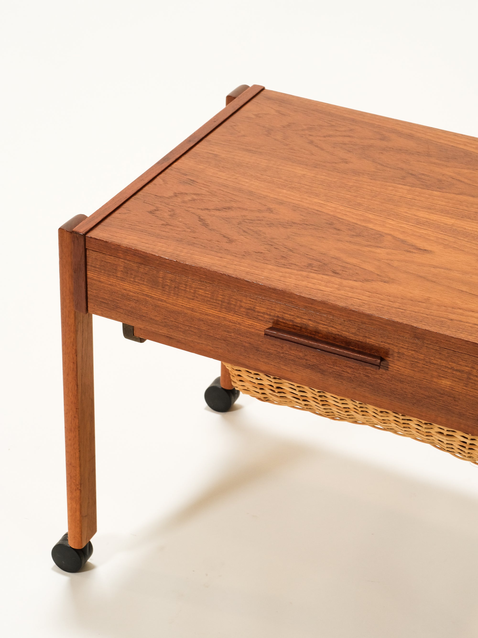 Mid-Century Danish Teak Sewing Trolley with Rattan Basket