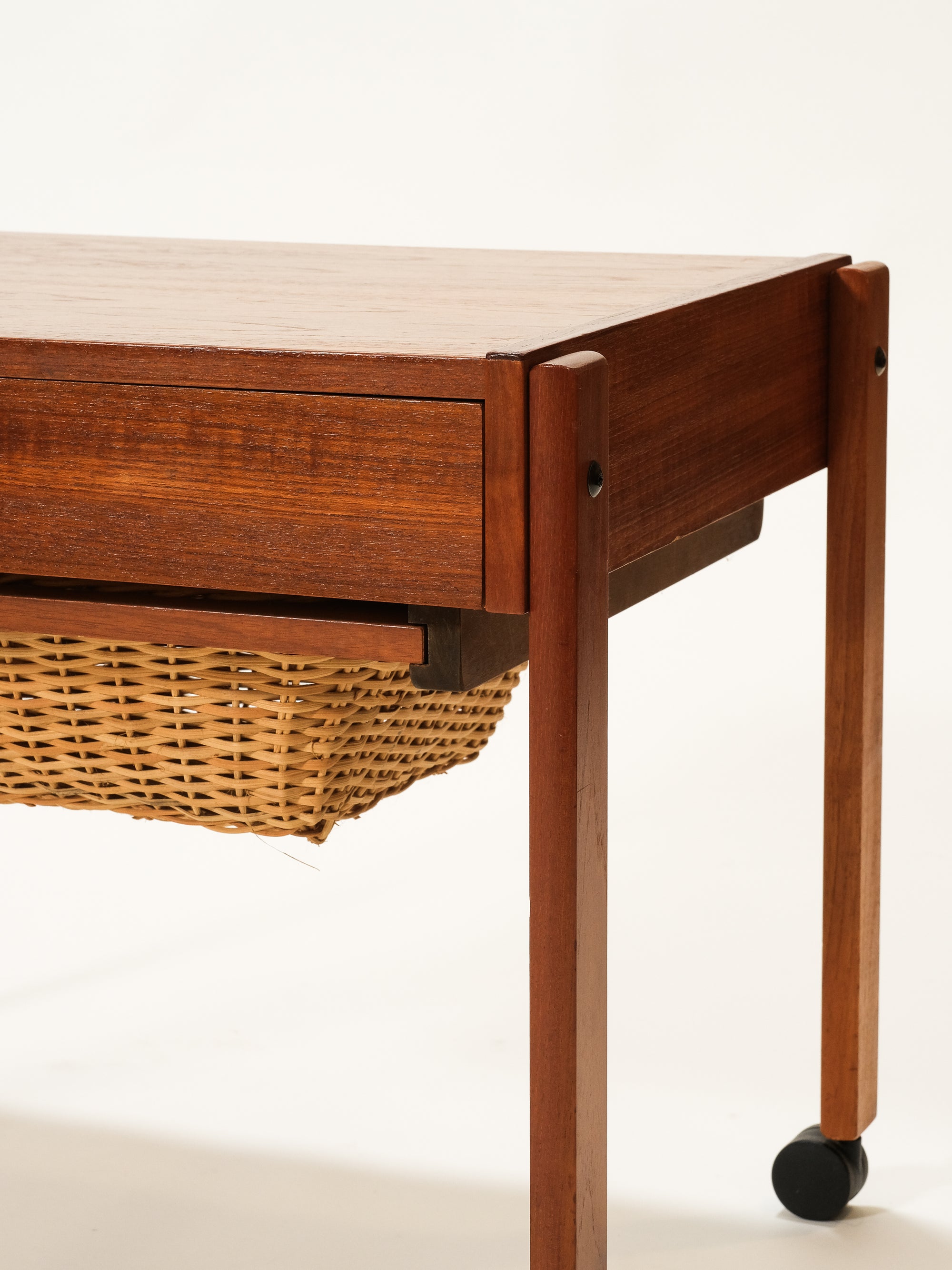 Mid-Century Danish Teak Sewing Trolley with Rattan Basket