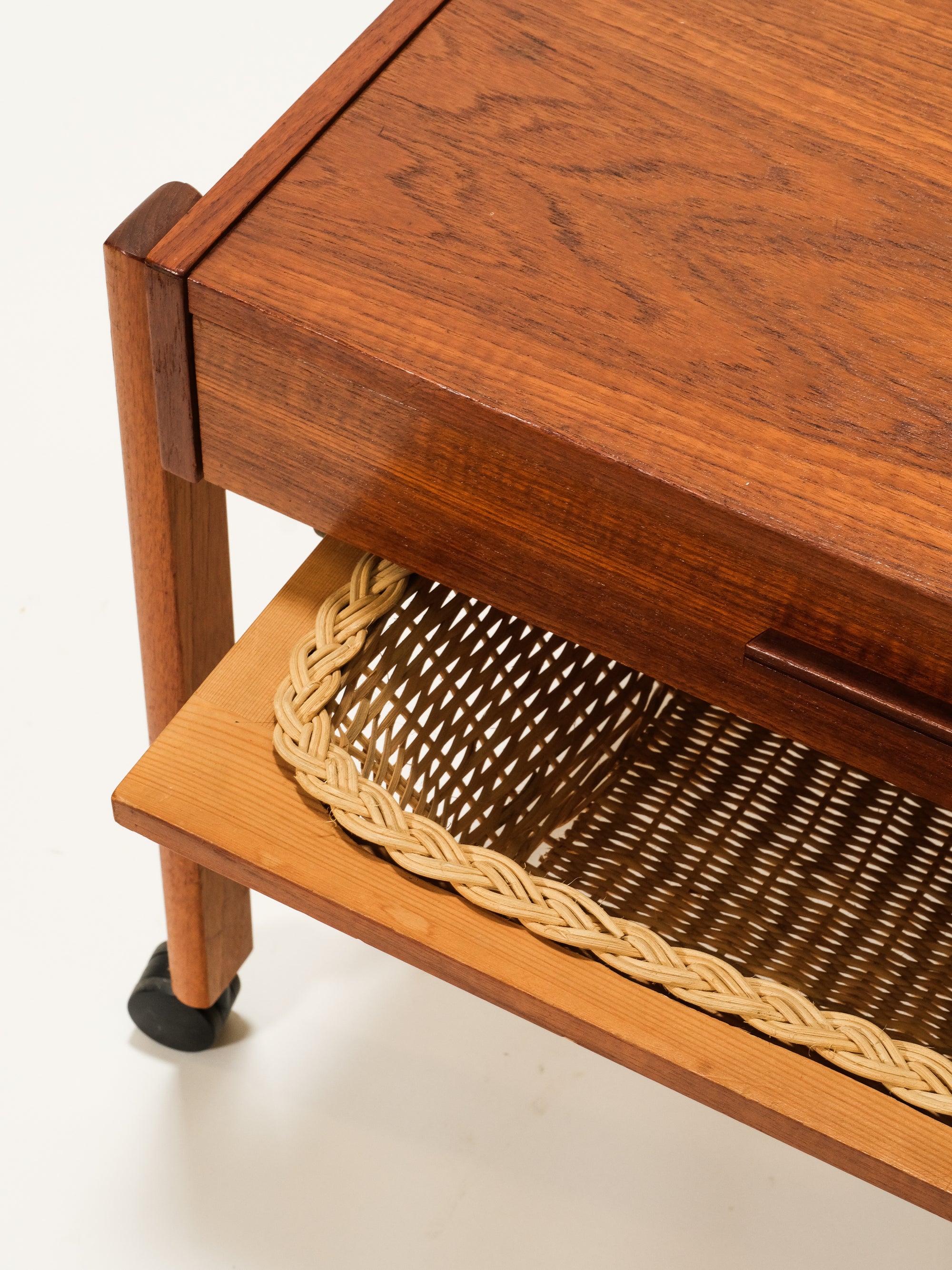 Mid-Century Danish Teak Sewing Trolley with Rattan Basket