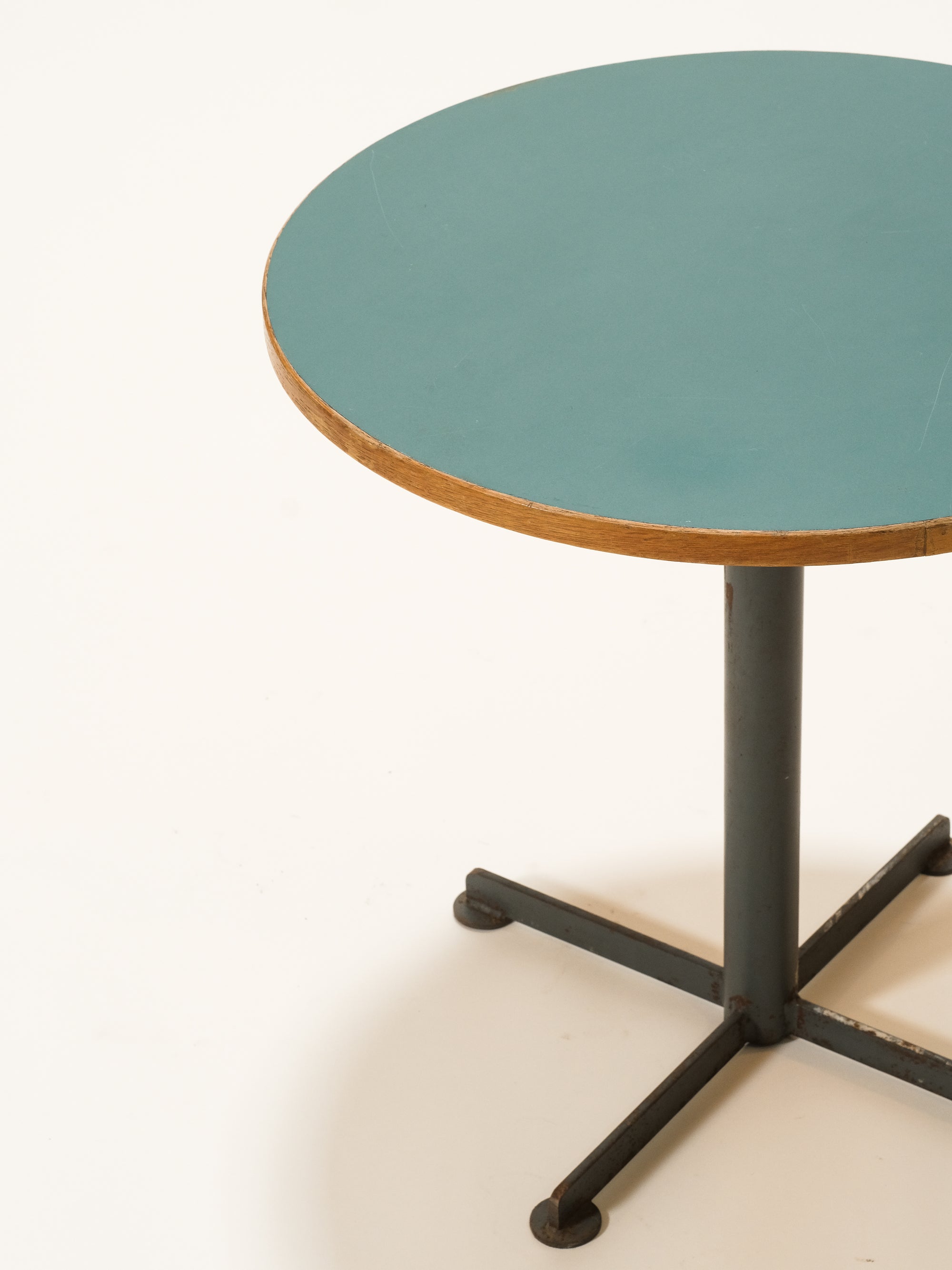 Vintage Round Coffee Table with Turquoise Linoleum Top