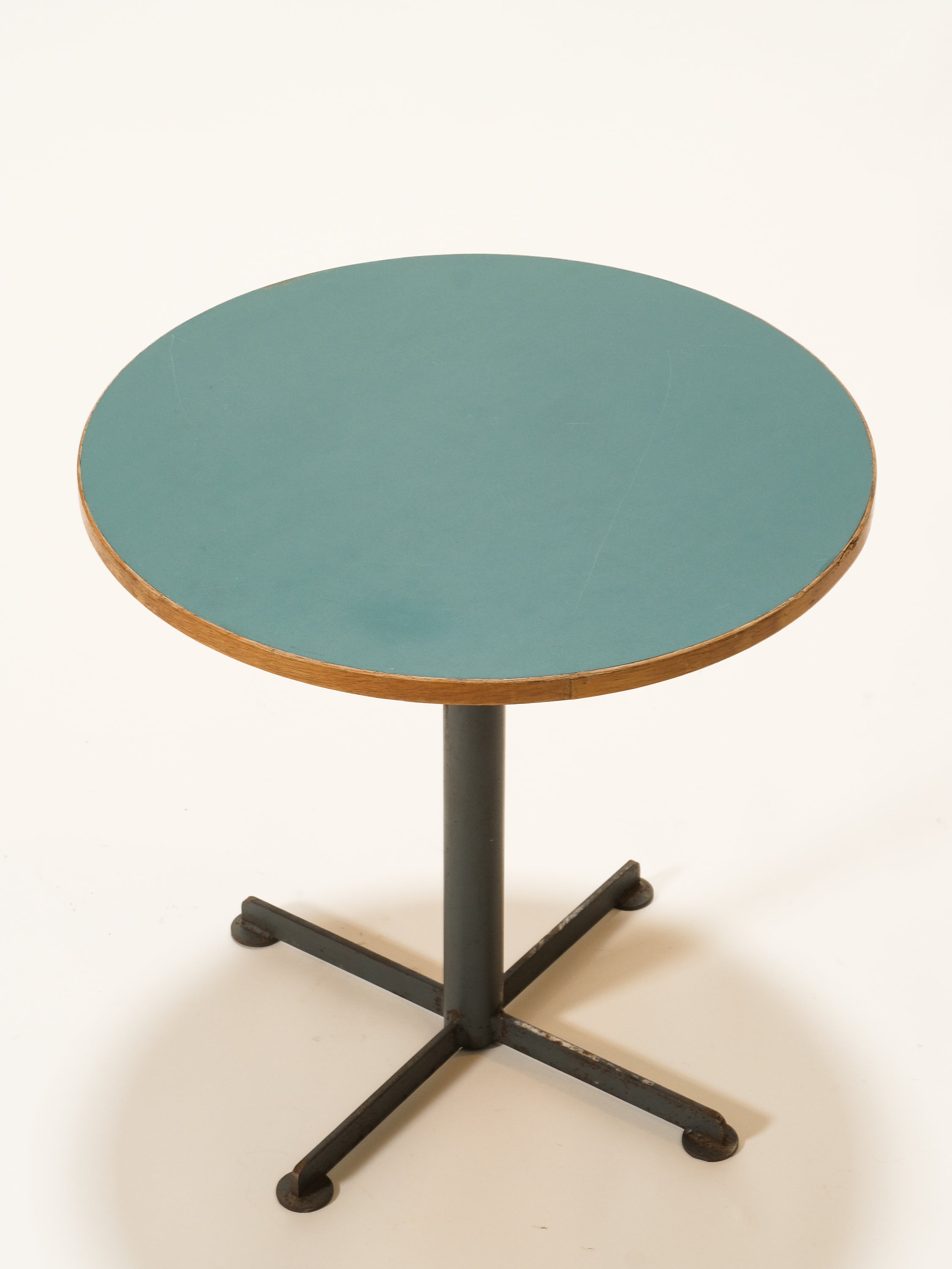 Vintage Round Coffee Table with Turquoise Linoleum Top