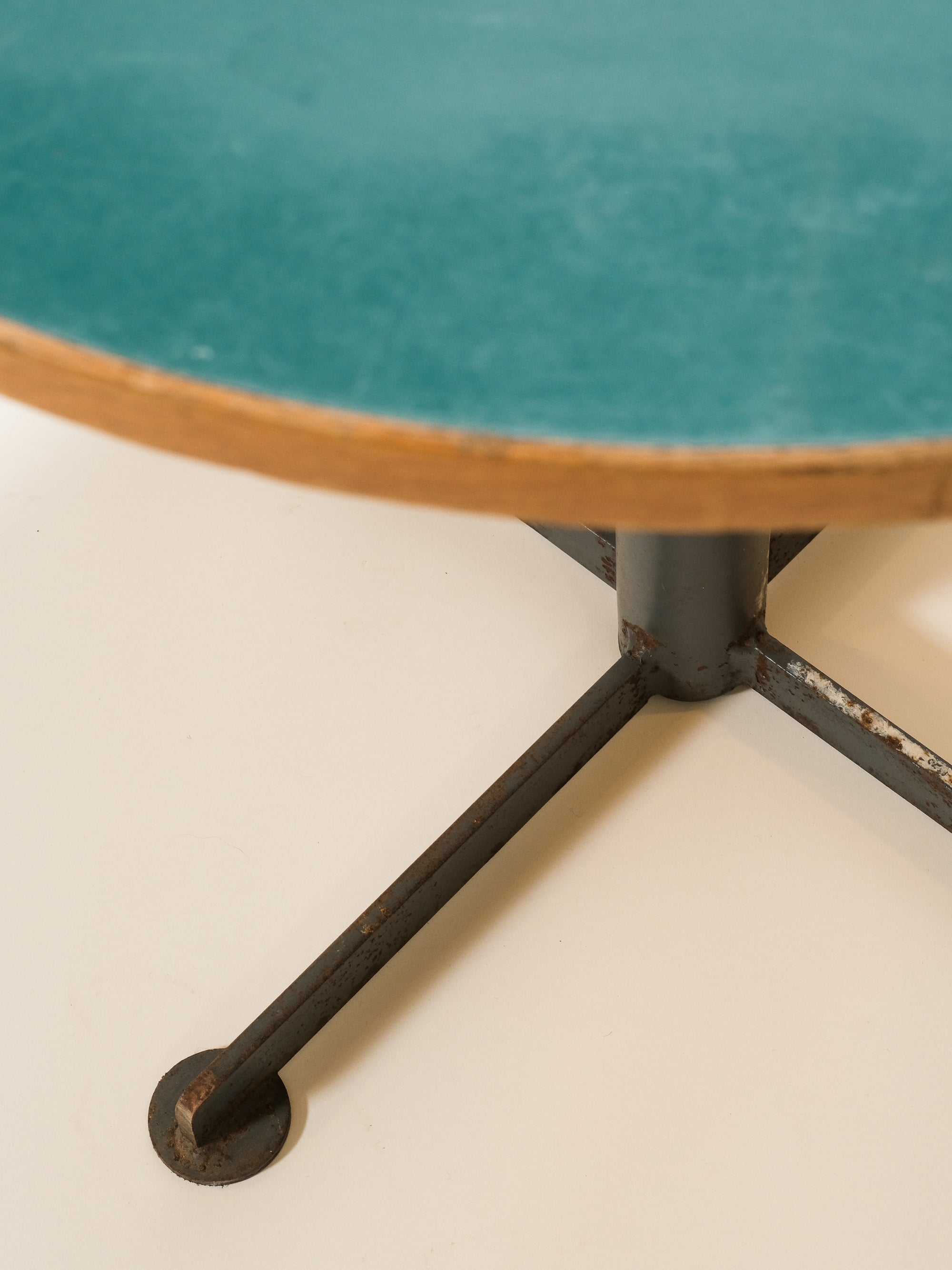 Vintage Round Coffee Table with Turquoise Linoleum Top