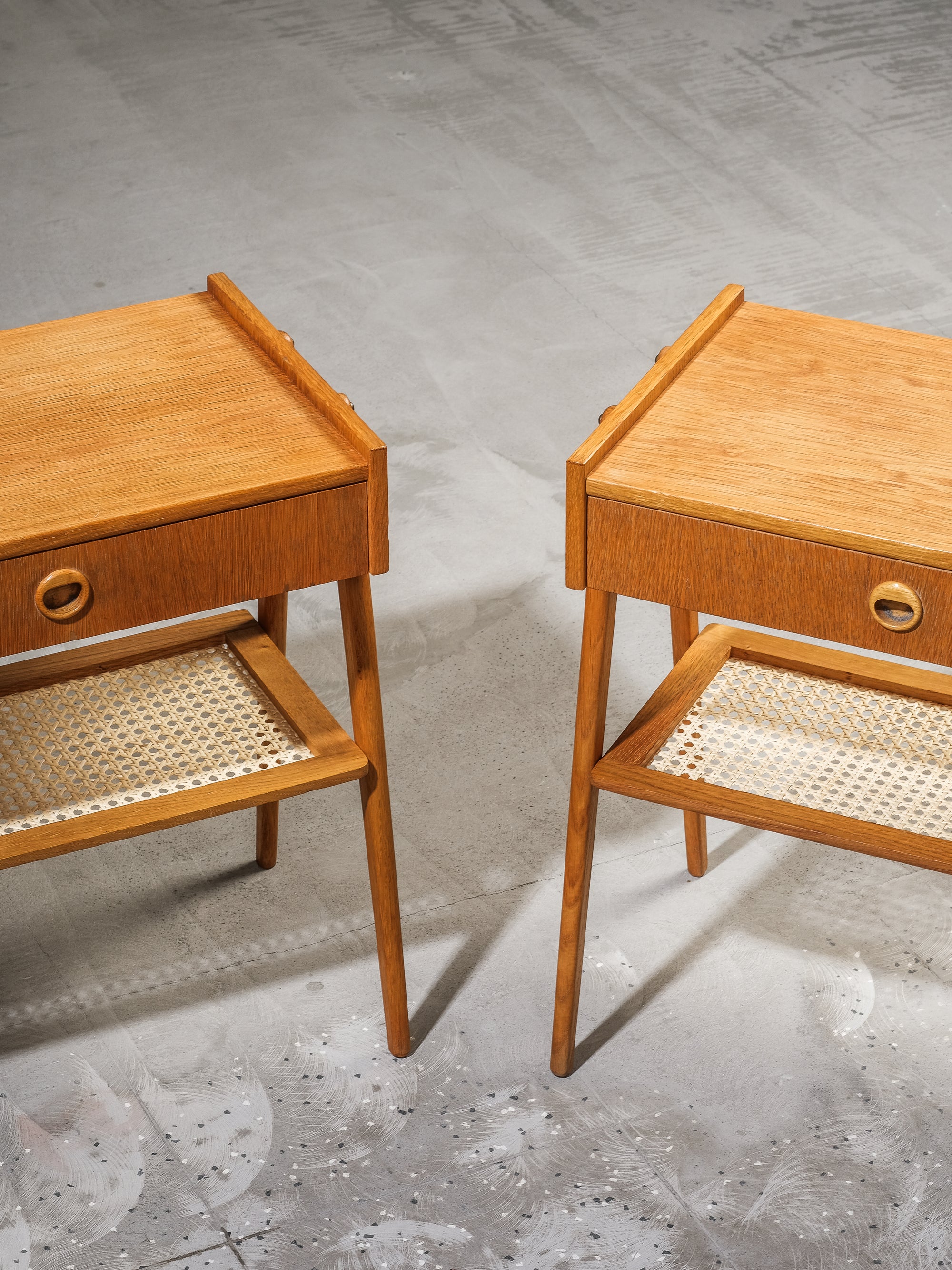 Swedish Mid-Century Oak &amp; Rattan Bedside Tables, 1960s, Set of 2