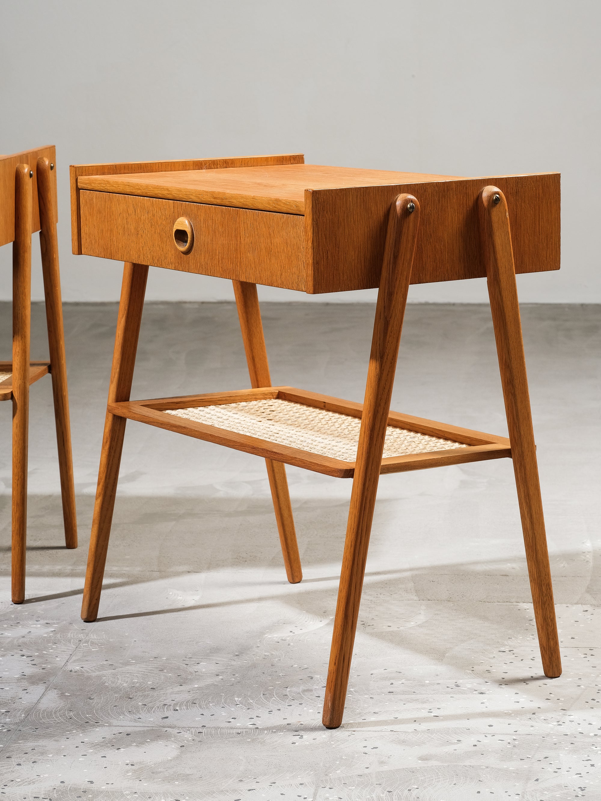 Swedish Mid-Century Oak &amp; Rattan Bedside Tables, 1960s, Set of 2