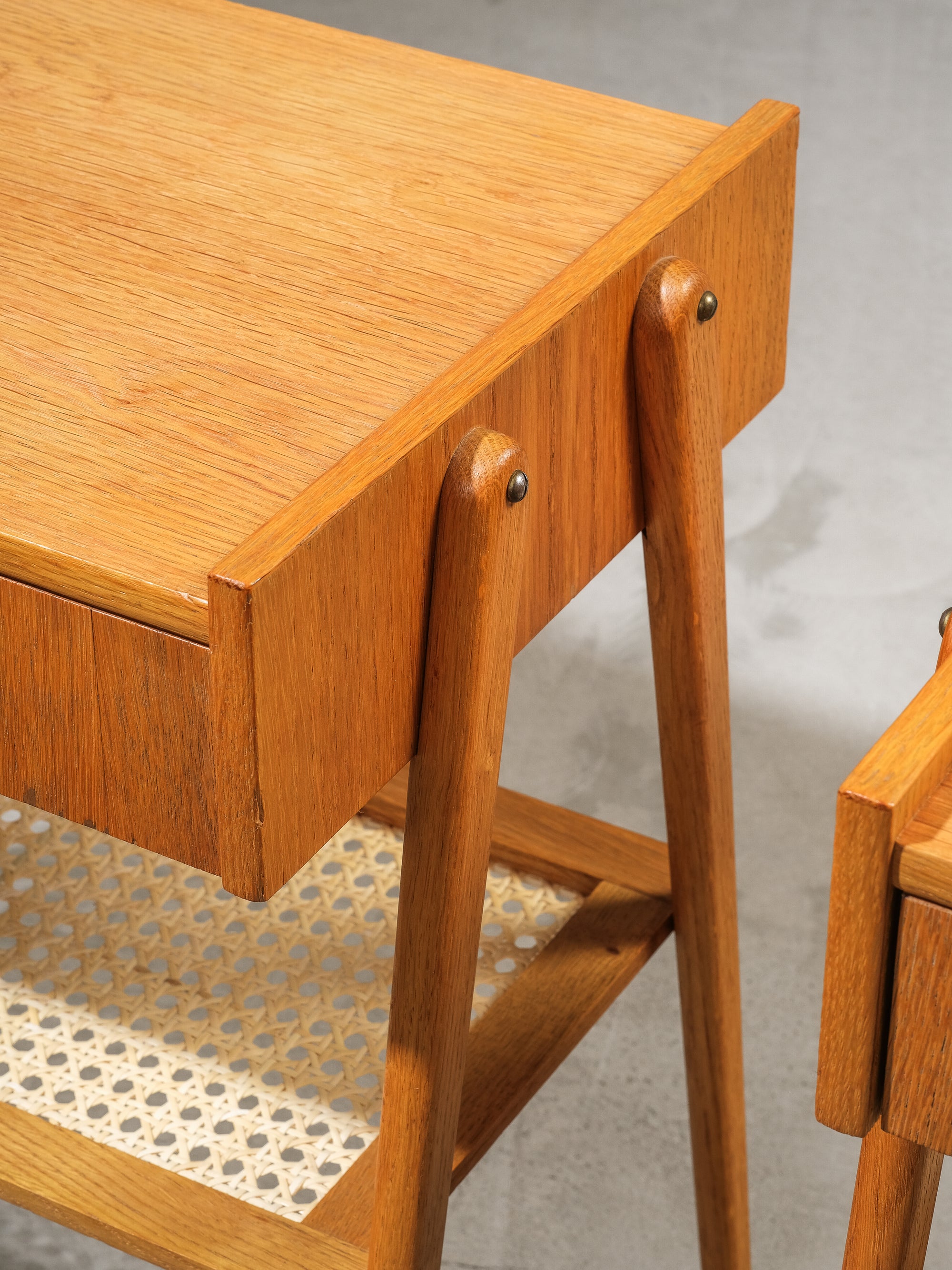 Swedish Mid-Century Oak &amp; Rattan Bedside Tables, 1960s, Set of 2