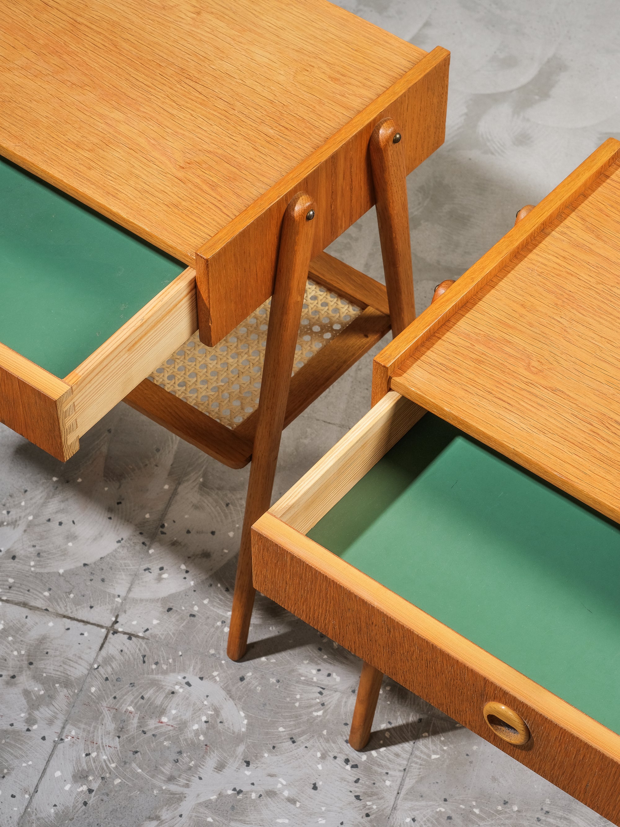Swedish Mid-Century Oak &amp; Rattan Bedside Tables, 1960s, Set of 2