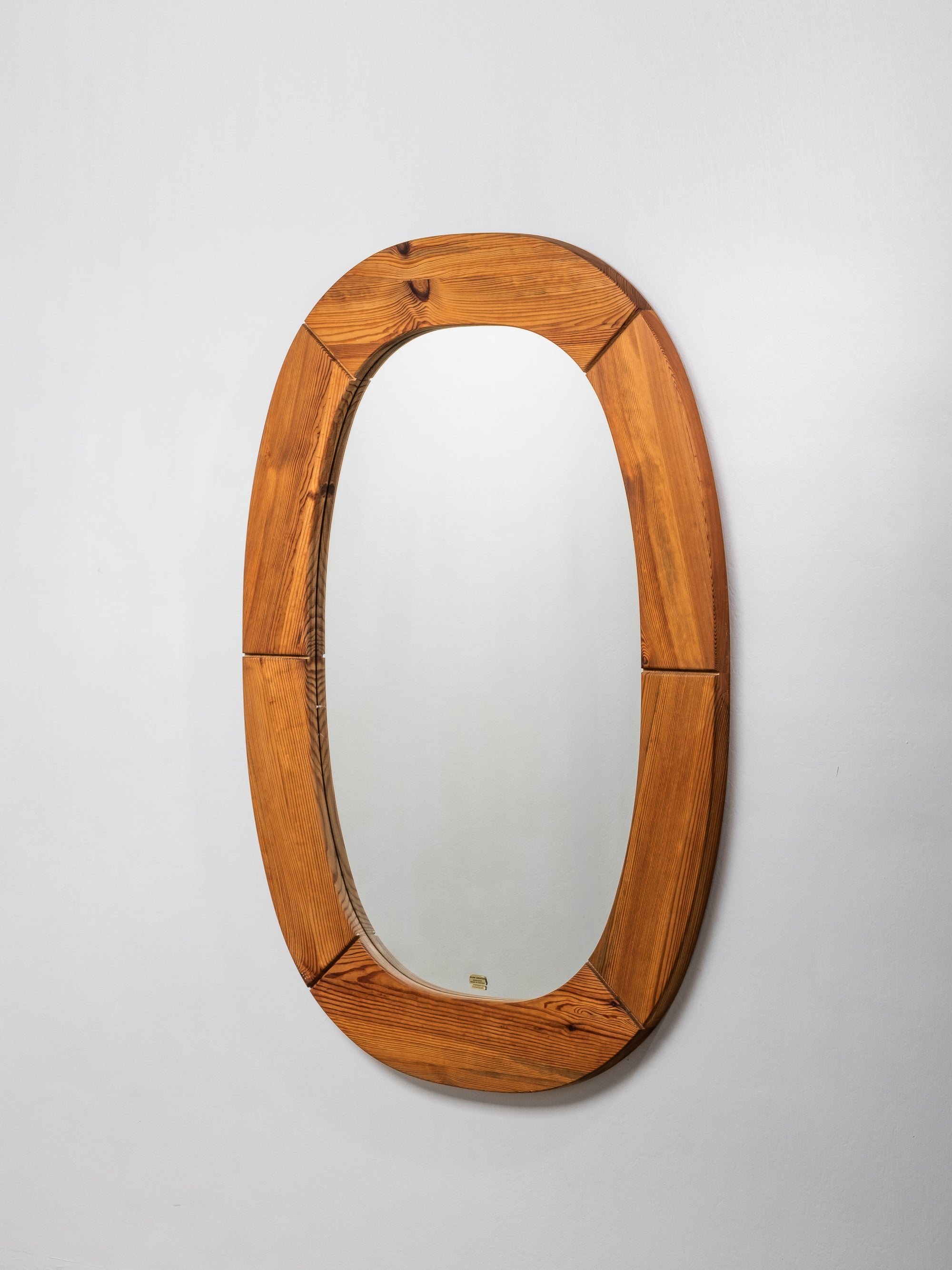 Large Oval Mid-Century Pine Wall Mirror, Glas Mäster Markaryd, Sweden, 1970s