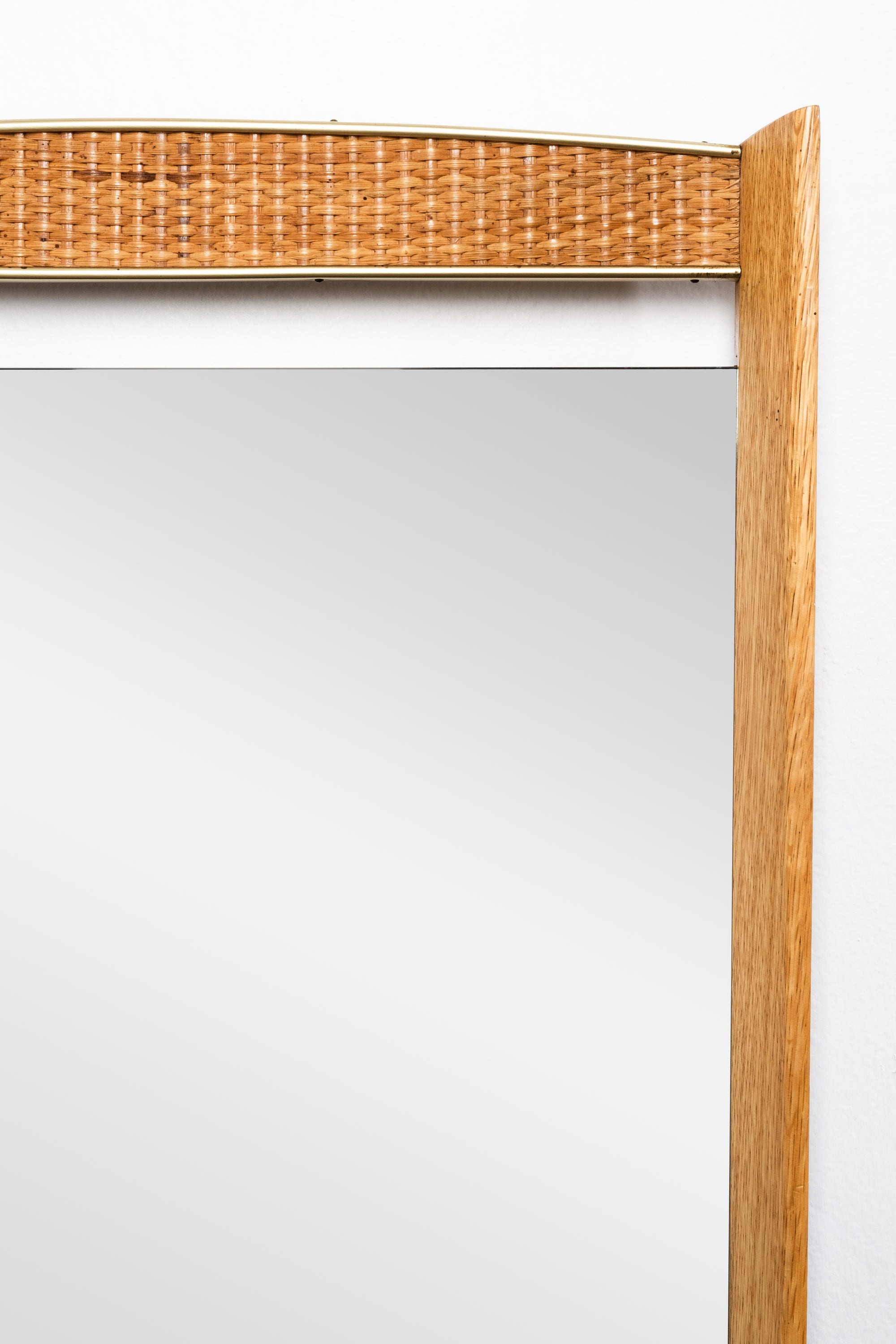 Scandinavian Mid-Century Oak, Brass &amp; Rattan Wall Mirror, 1950s