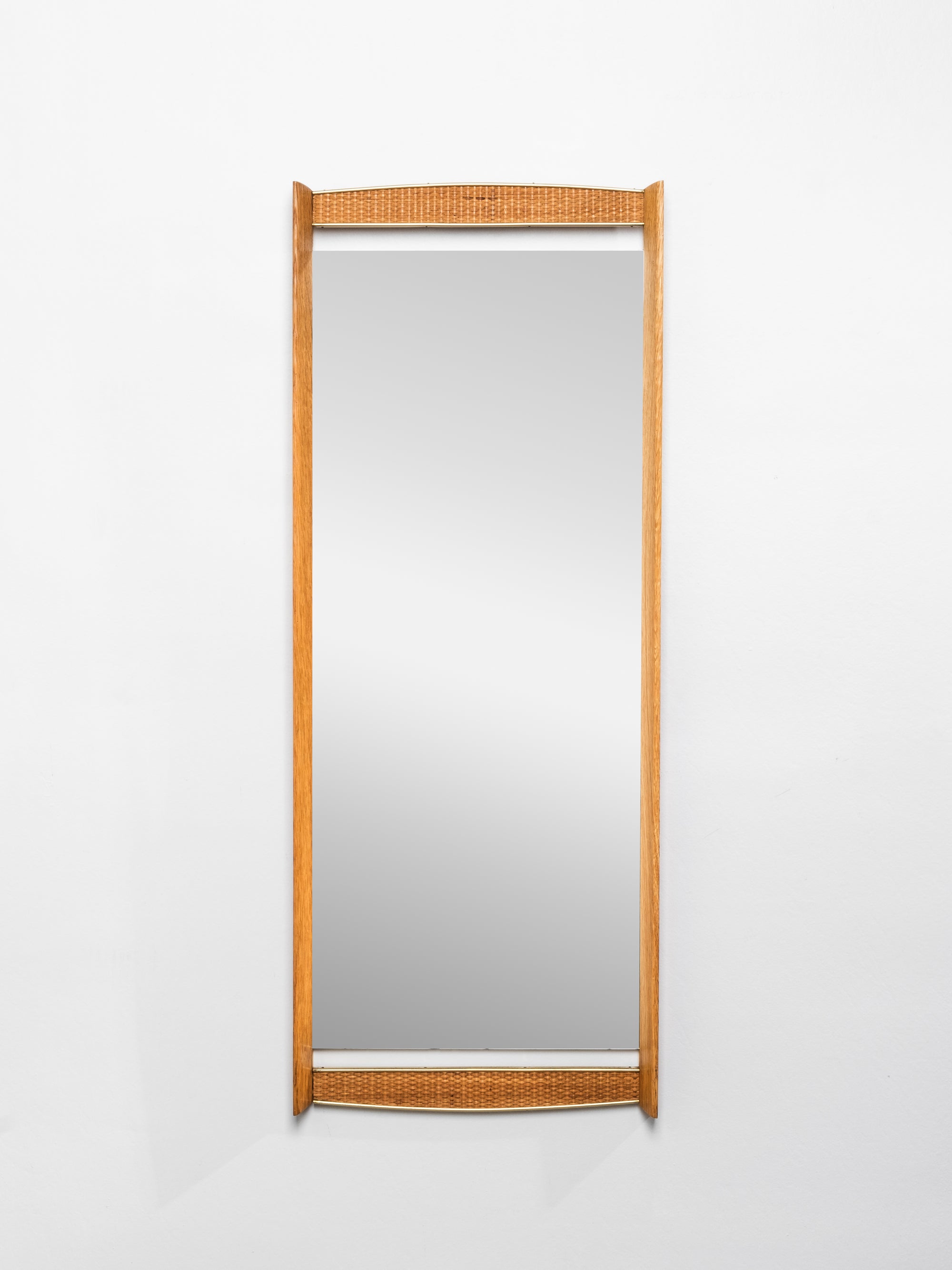 Scandinavian Mid-Century Oak, Brass &amp; Rattan Wall Mirror, 1950s