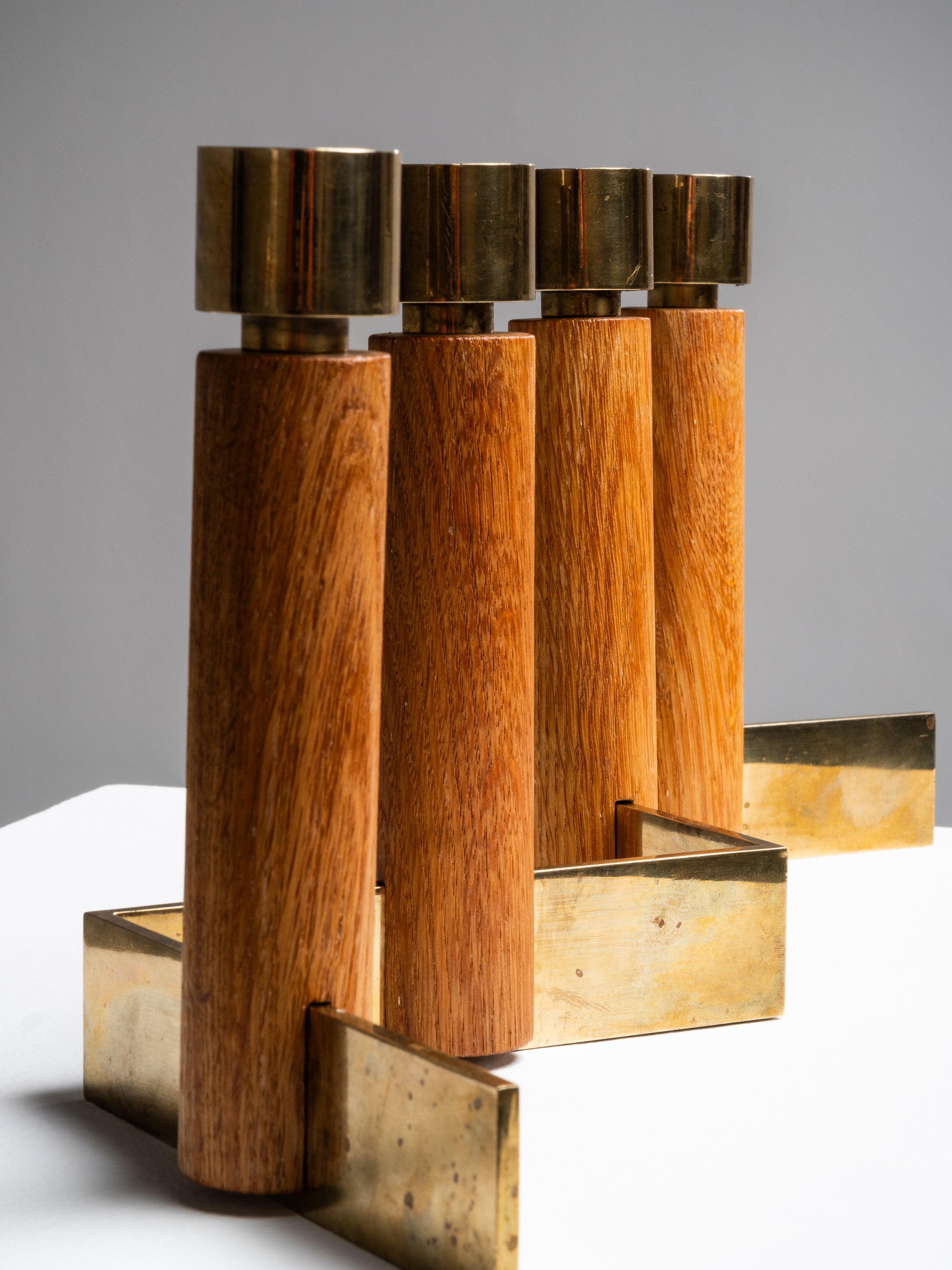 Oak &amp; Brass Candlestick Holder by Hans-Agne Jakobsson, Sweden, 1950s