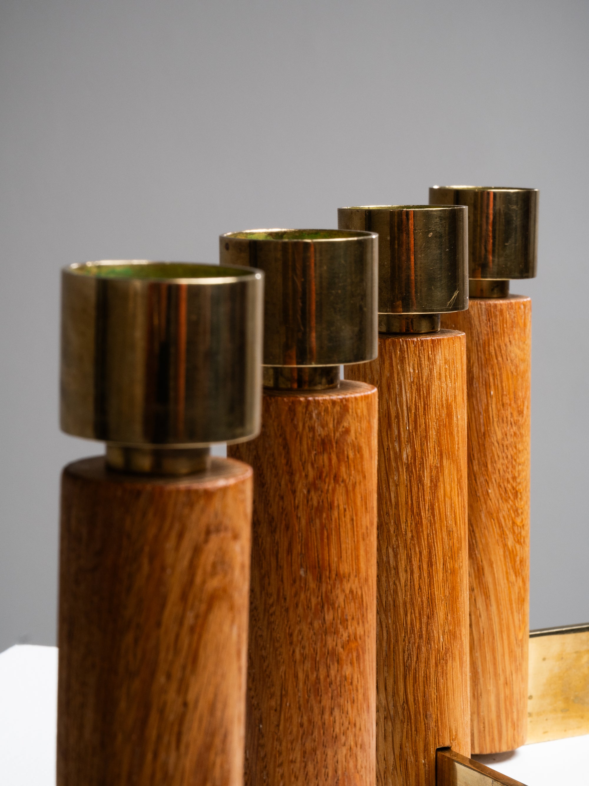 Oak &amp; Brass Candlestick Holder by Hans-Agne Jakobsson, Sweden, 1950s