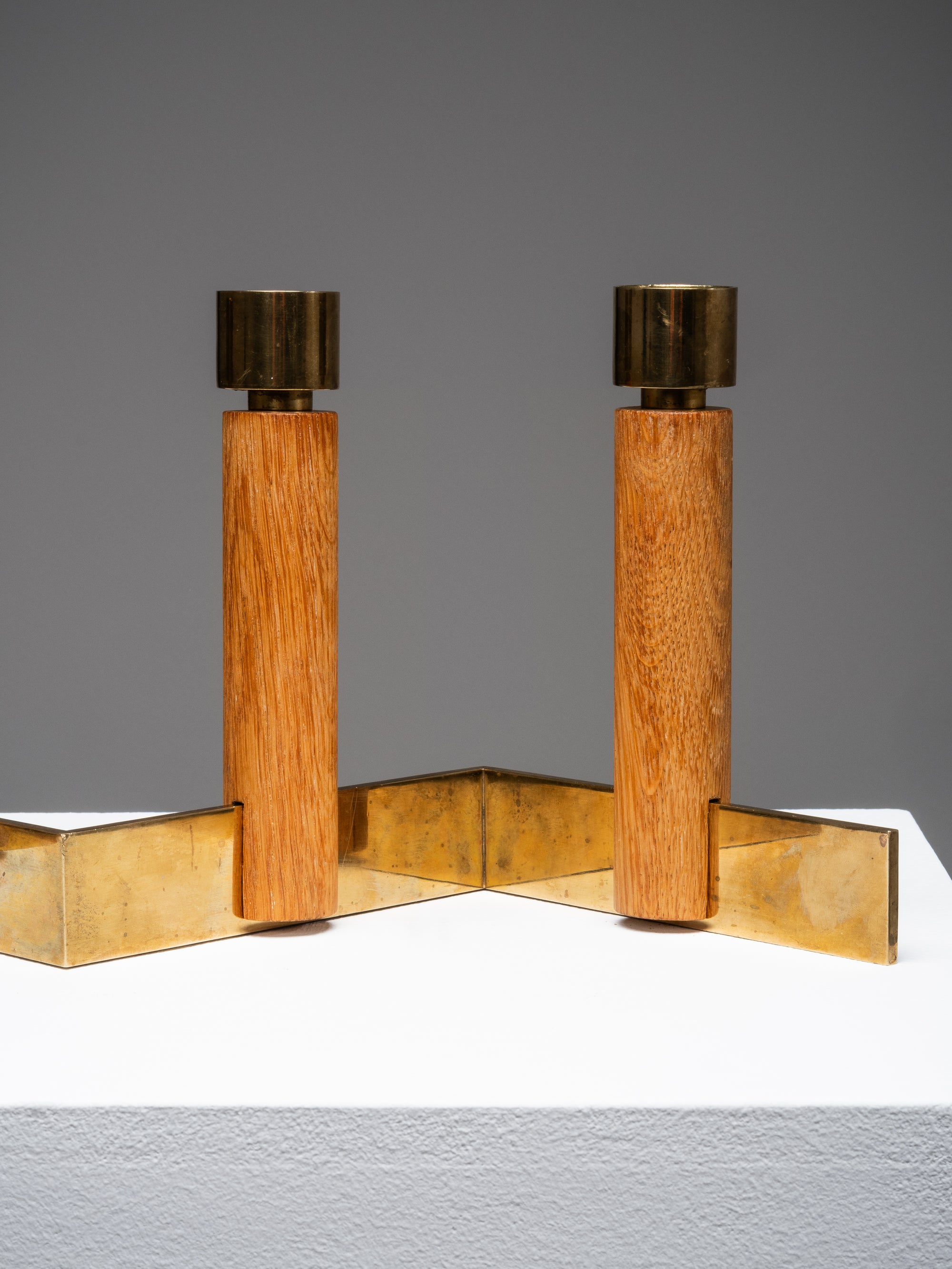 Oak &amp; Brass Candlestick Holder by Hans-Agne Jakobsson, Sweden, 1950s