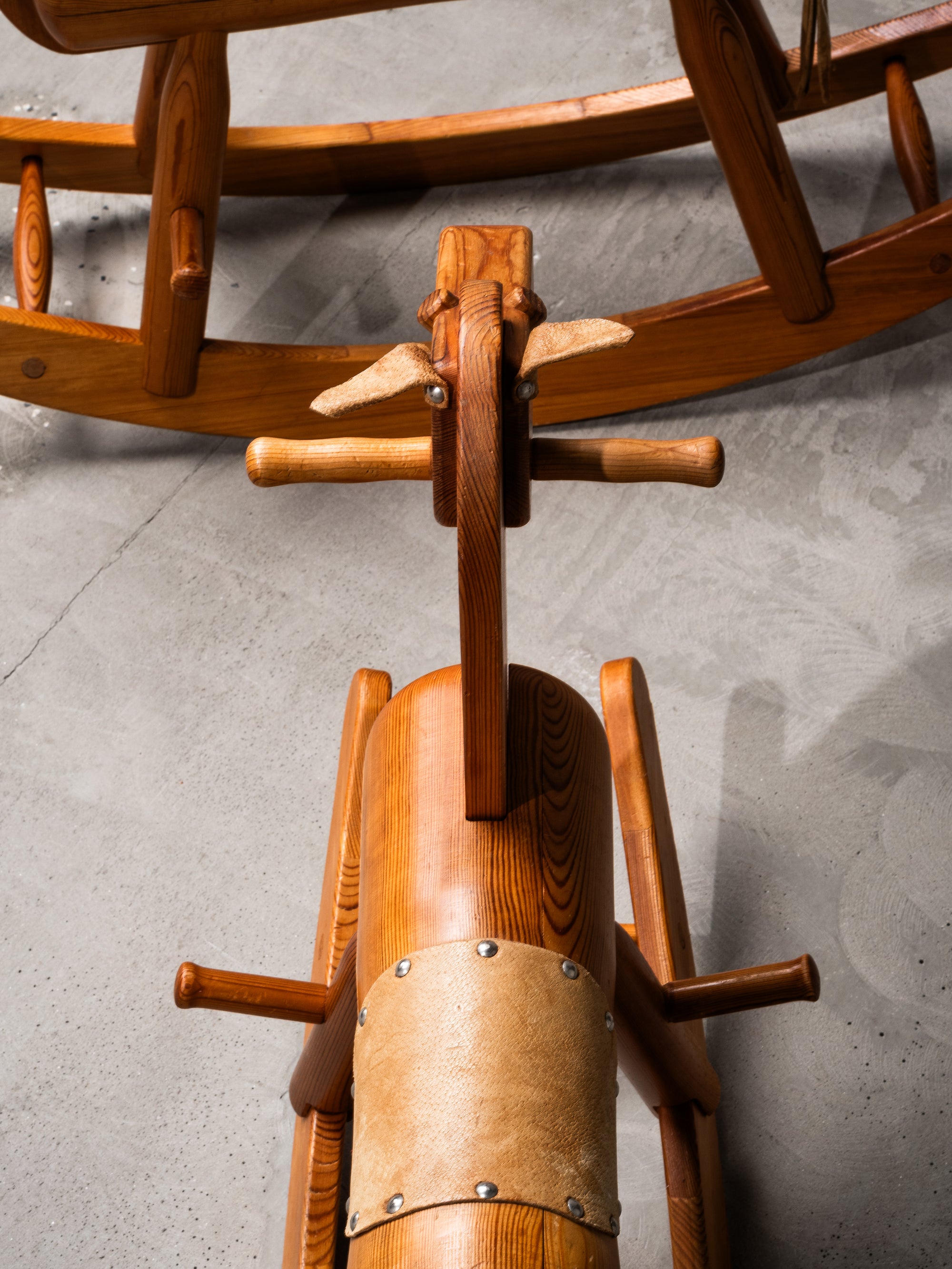 Pair of Solid Pine Rocking Horses with Leather Details, Finland, 1950s