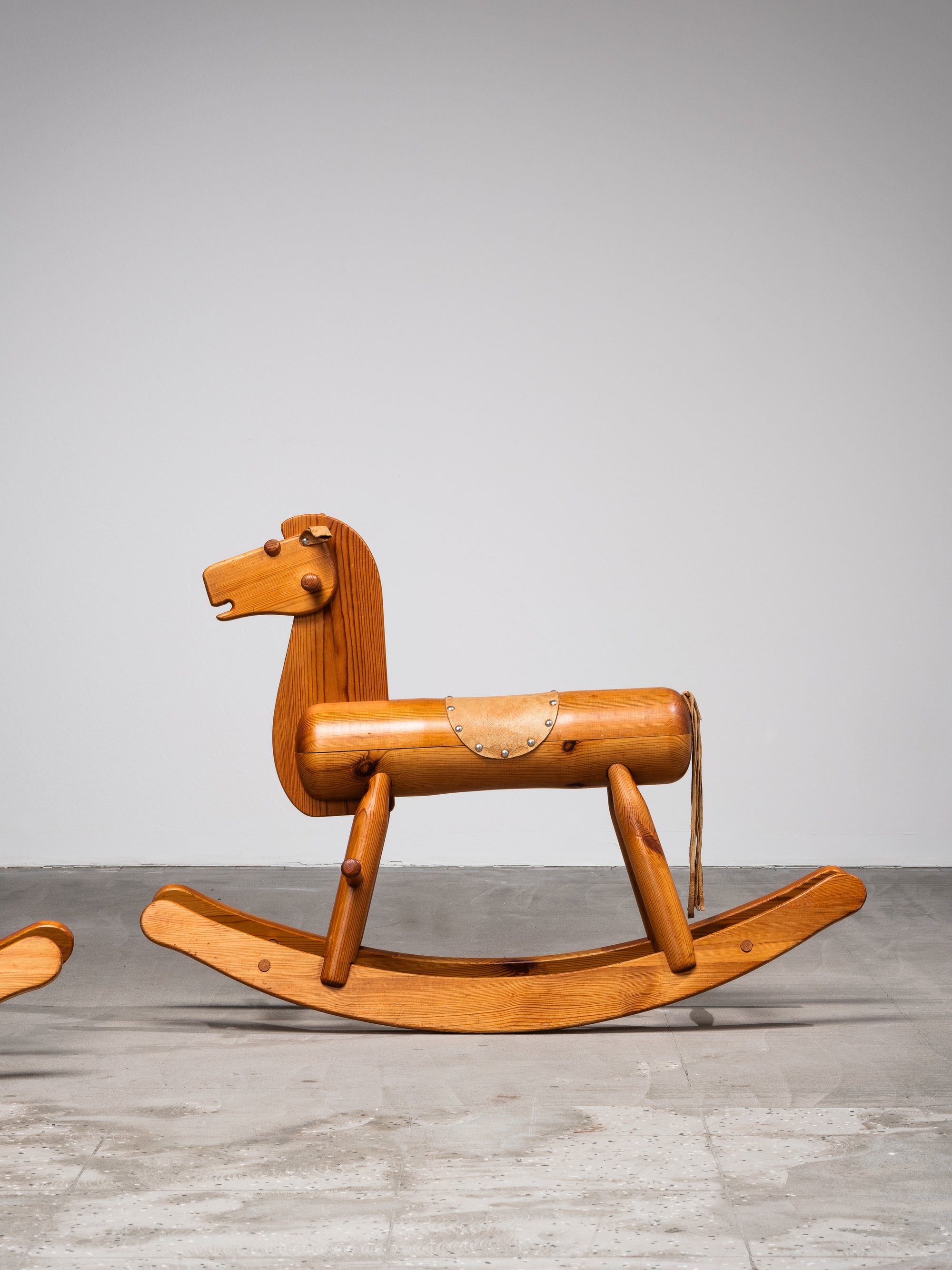 Pair of Solid Pine Rocking Horses with Leather Details, Finland, 1950s
