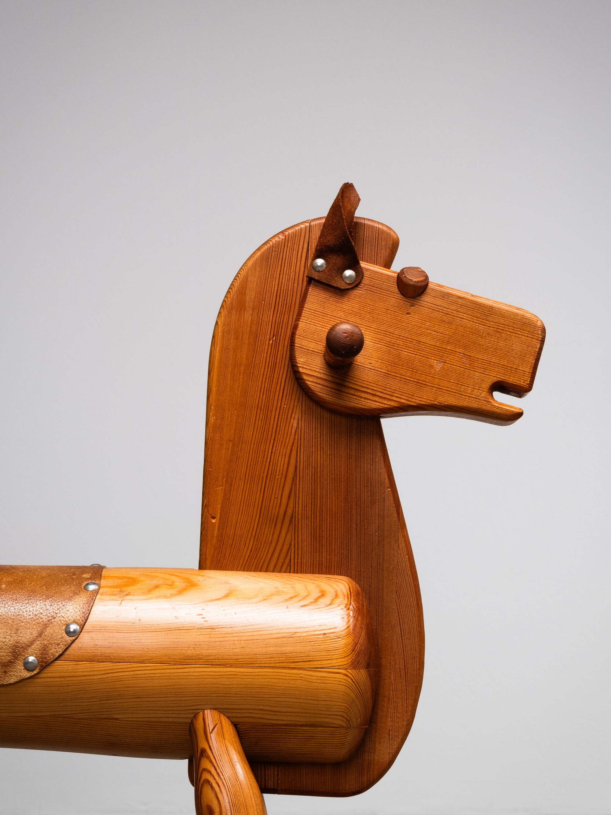 Pair of Solid Pine Rocking Horses with Leather Details, Finland, 1950s