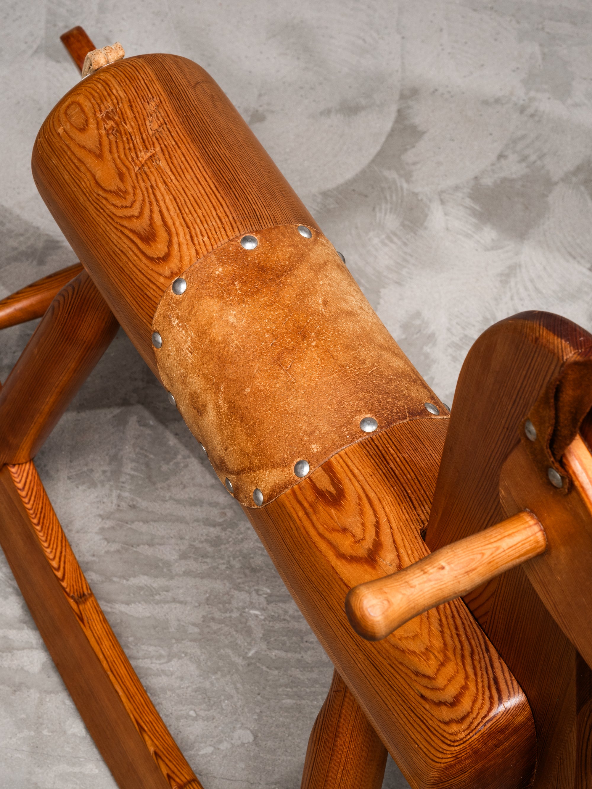 Pair of Solid Pine Rocking Horses with Leather Details, Finland, 1950s