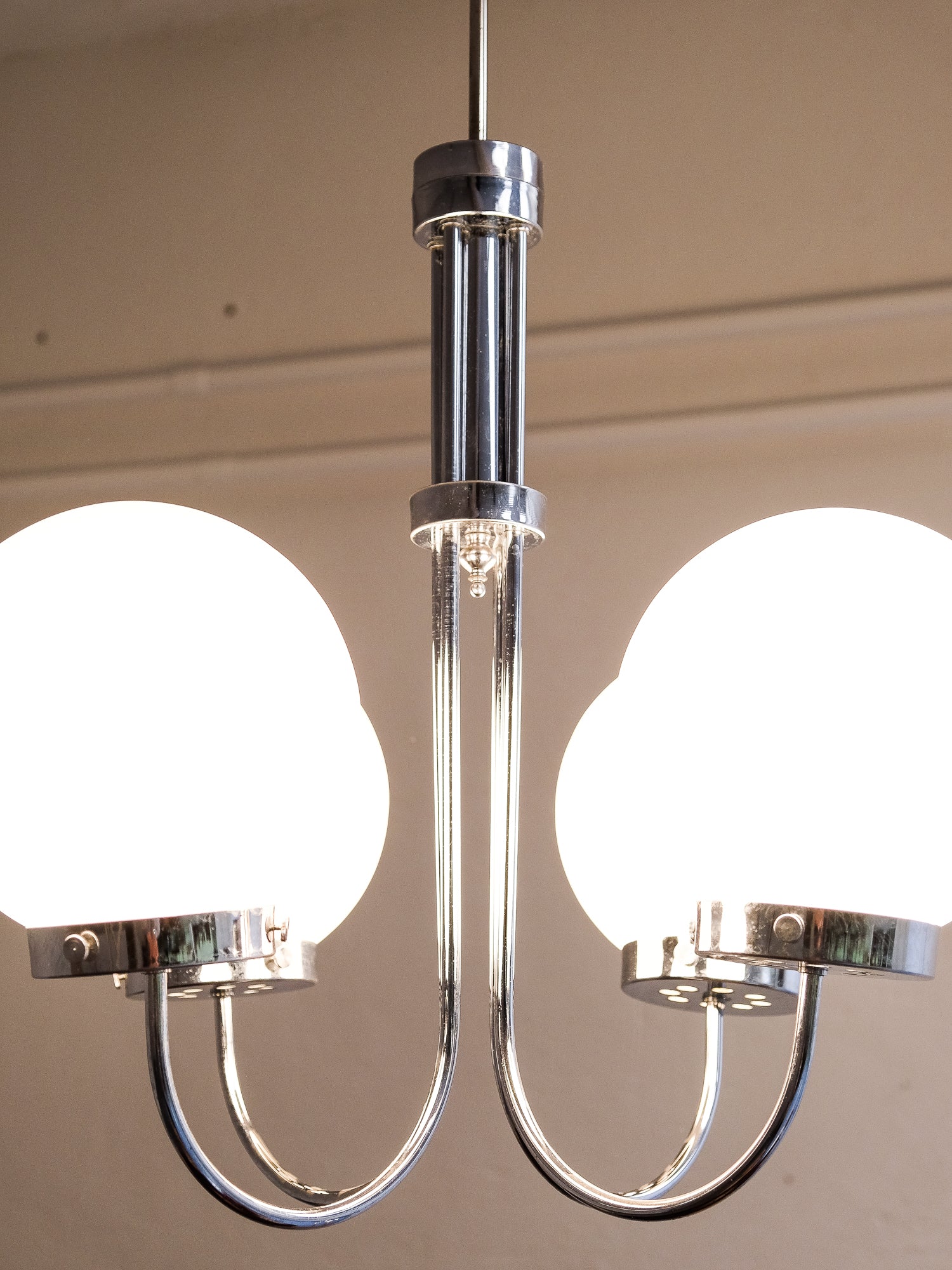 Vintage Chrome Chandelier with 4 Opaline Glass Globes