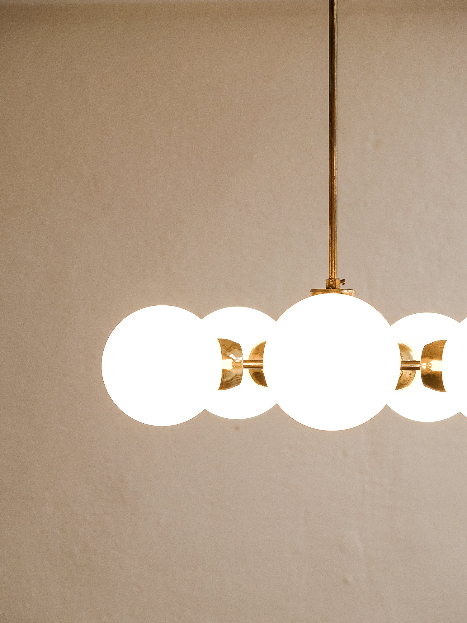 Brass Sputnik Chandelier with 5 Opaline Glass Globes
