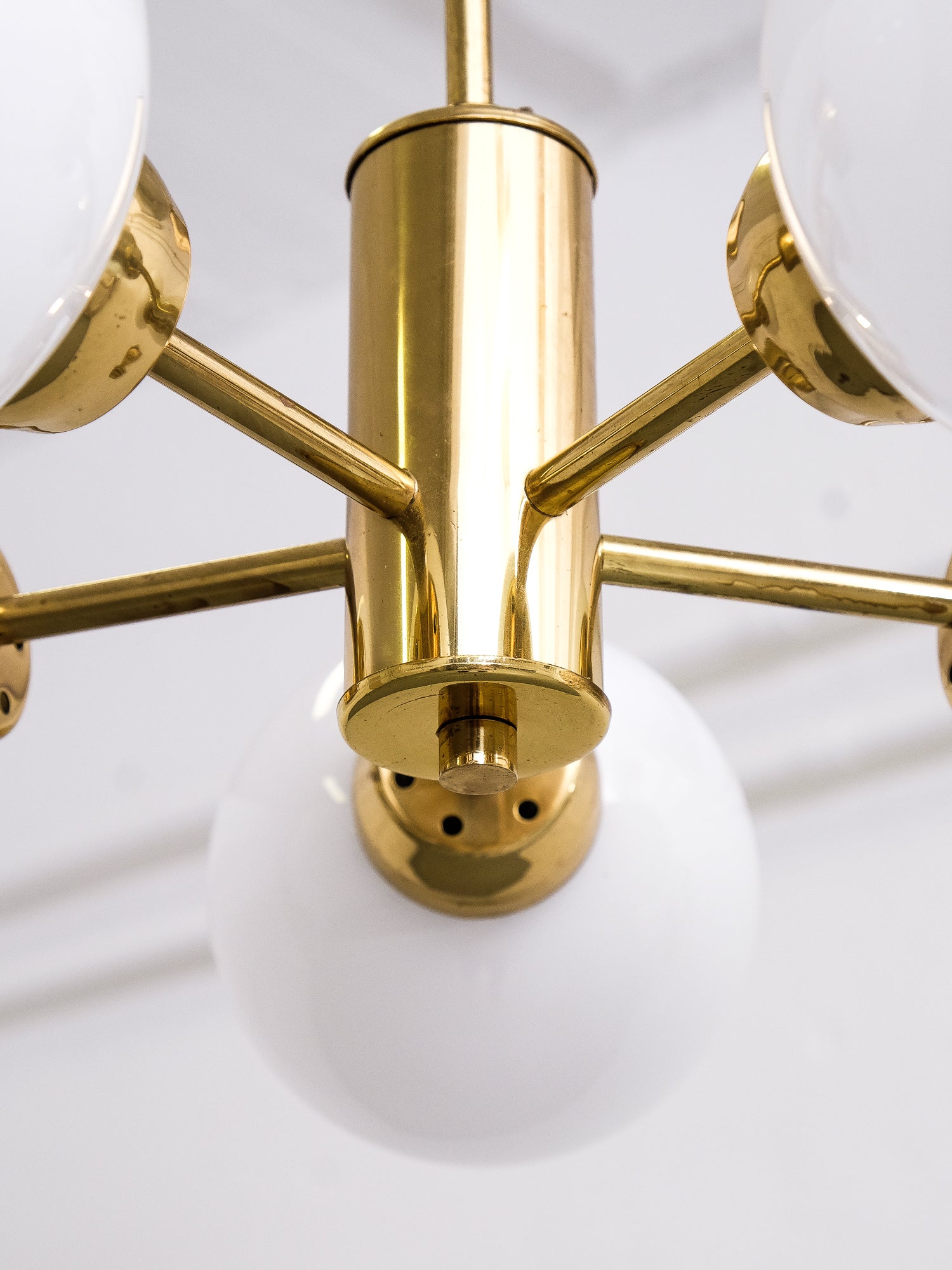 Brass Sputnik Chandelier with 5 Opaline Glass Globes
