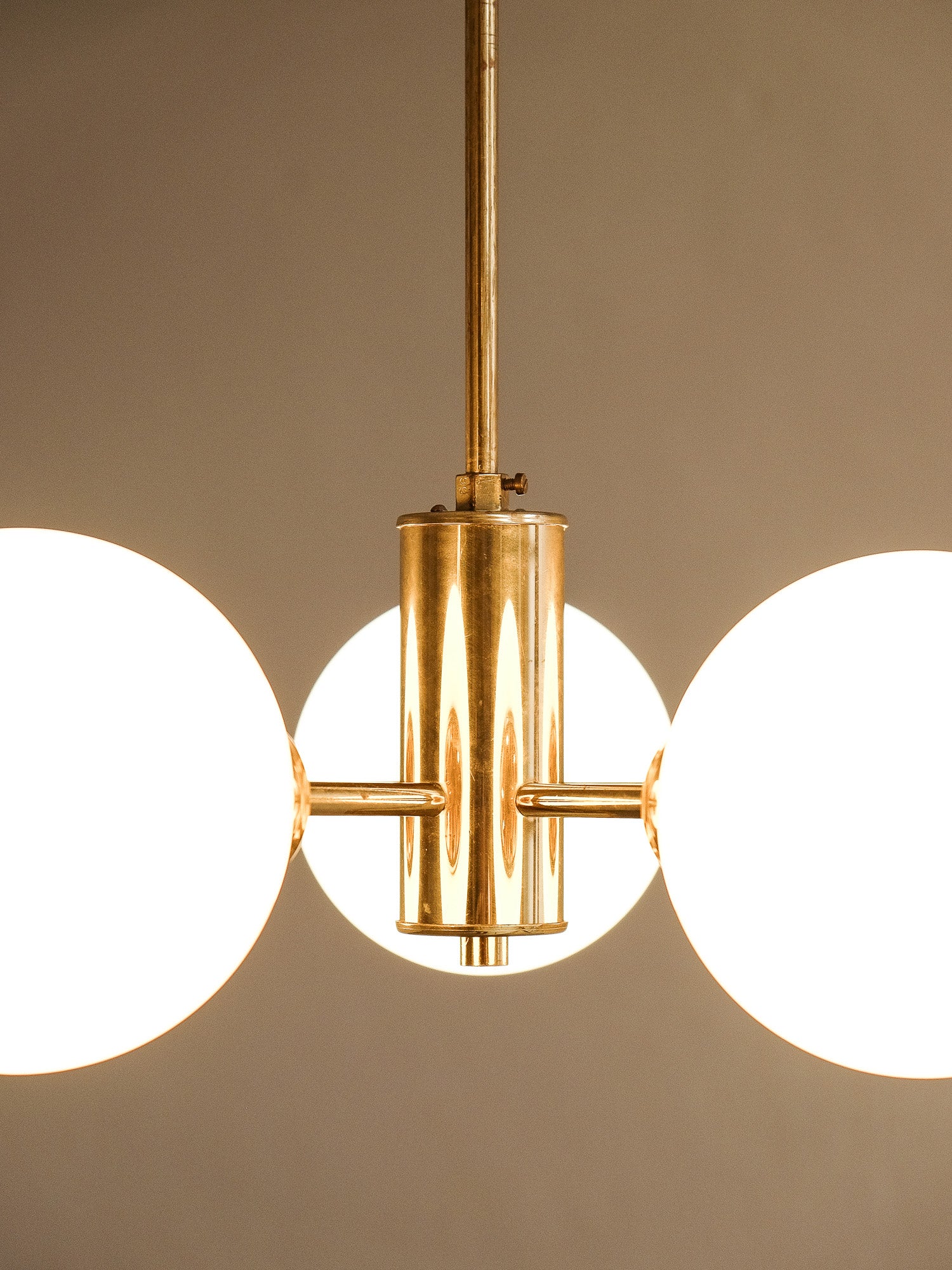 Brass Sputnik Chandelier with 5 Opaline Glass Globes