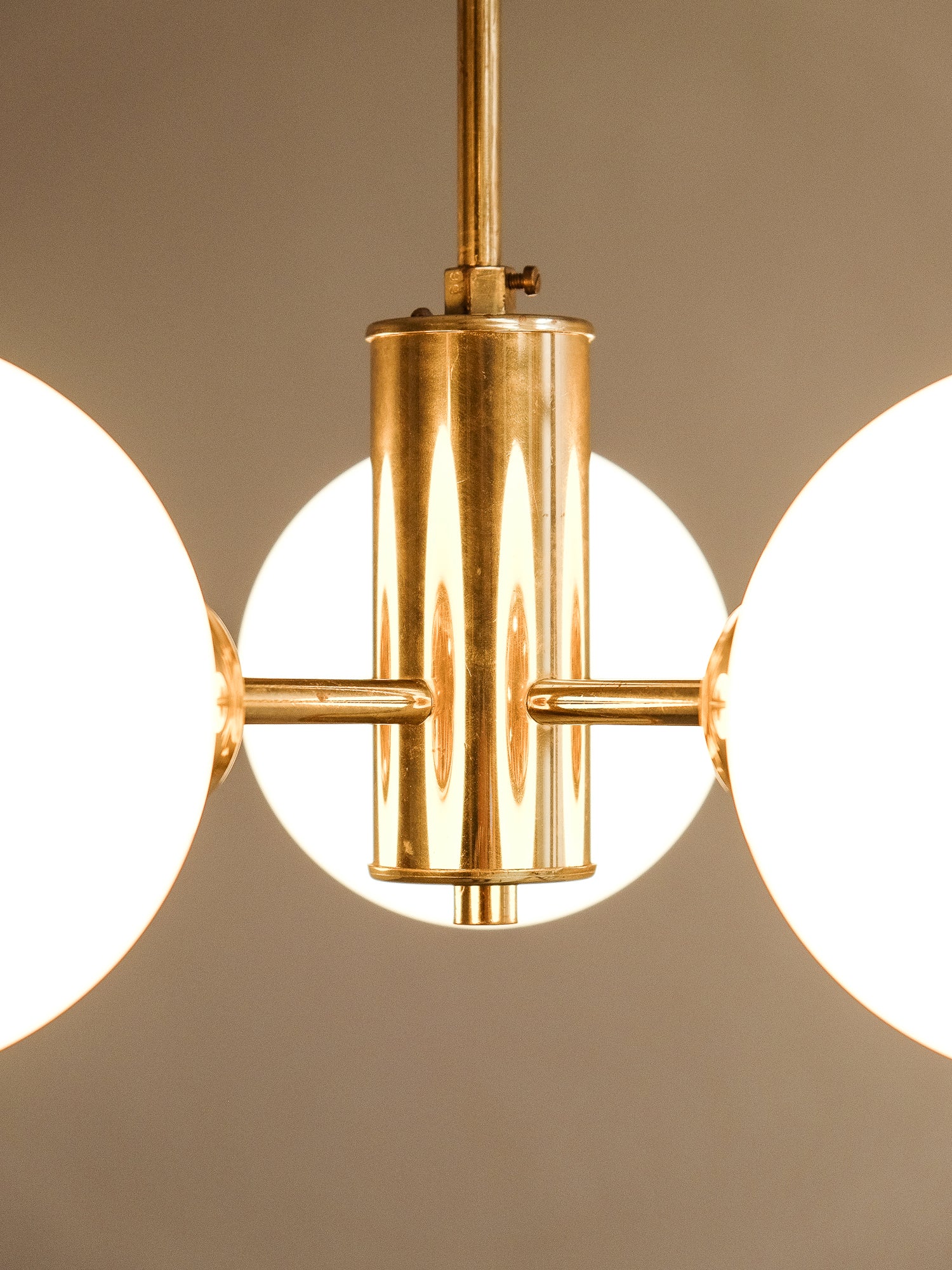 Brass Sputnik Chandelier with 5 Opaline Glass Globes