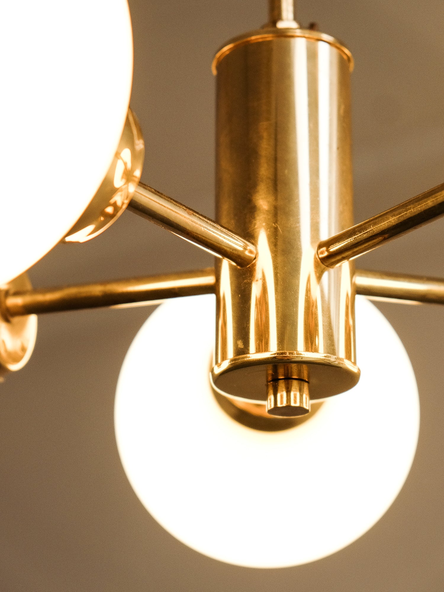 Brass Sputnik Chandelier with 5 Opaline Glass Globes