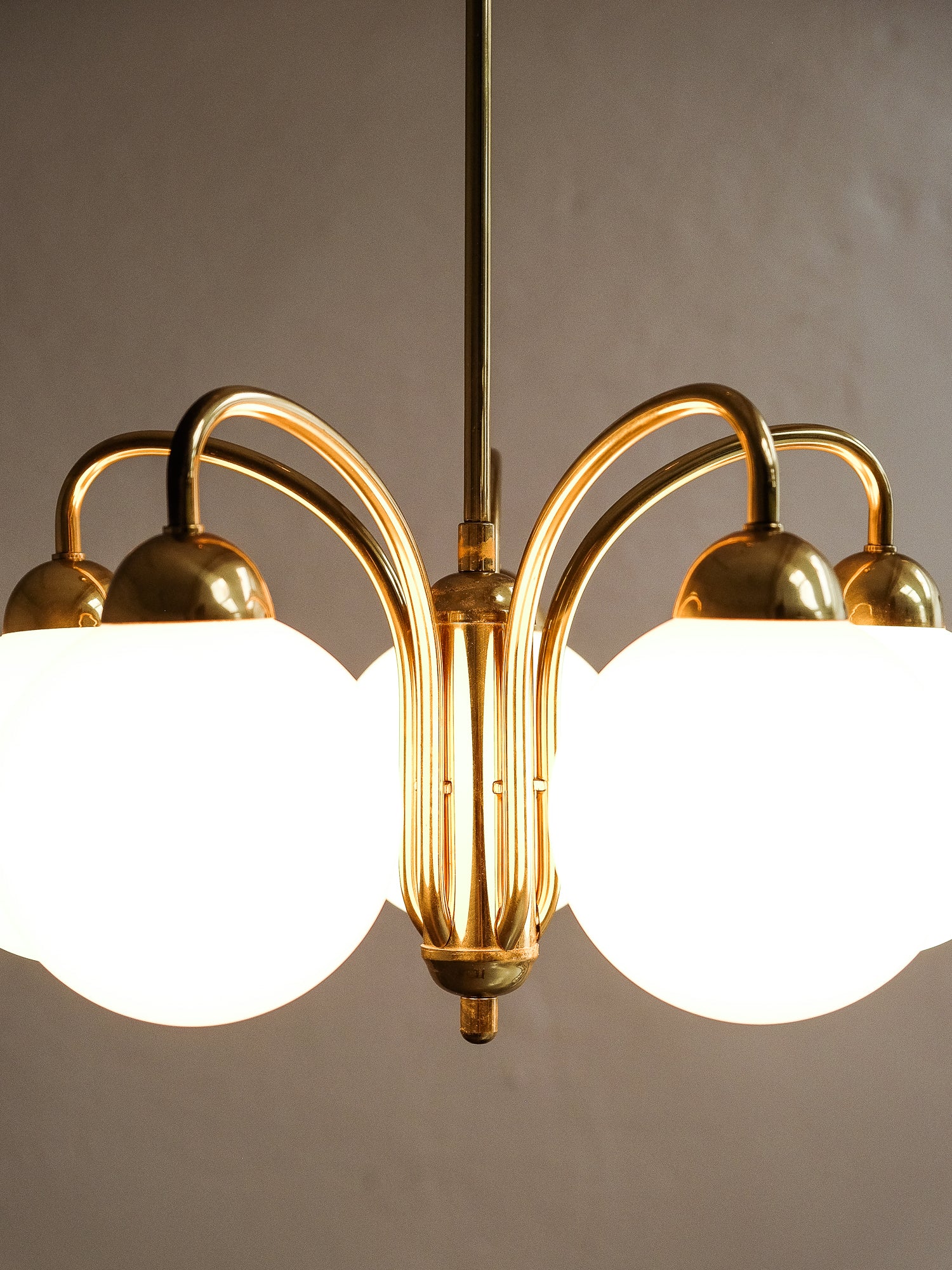 Vintage Brass Chandelier with 5 Opaline Glass Globes
