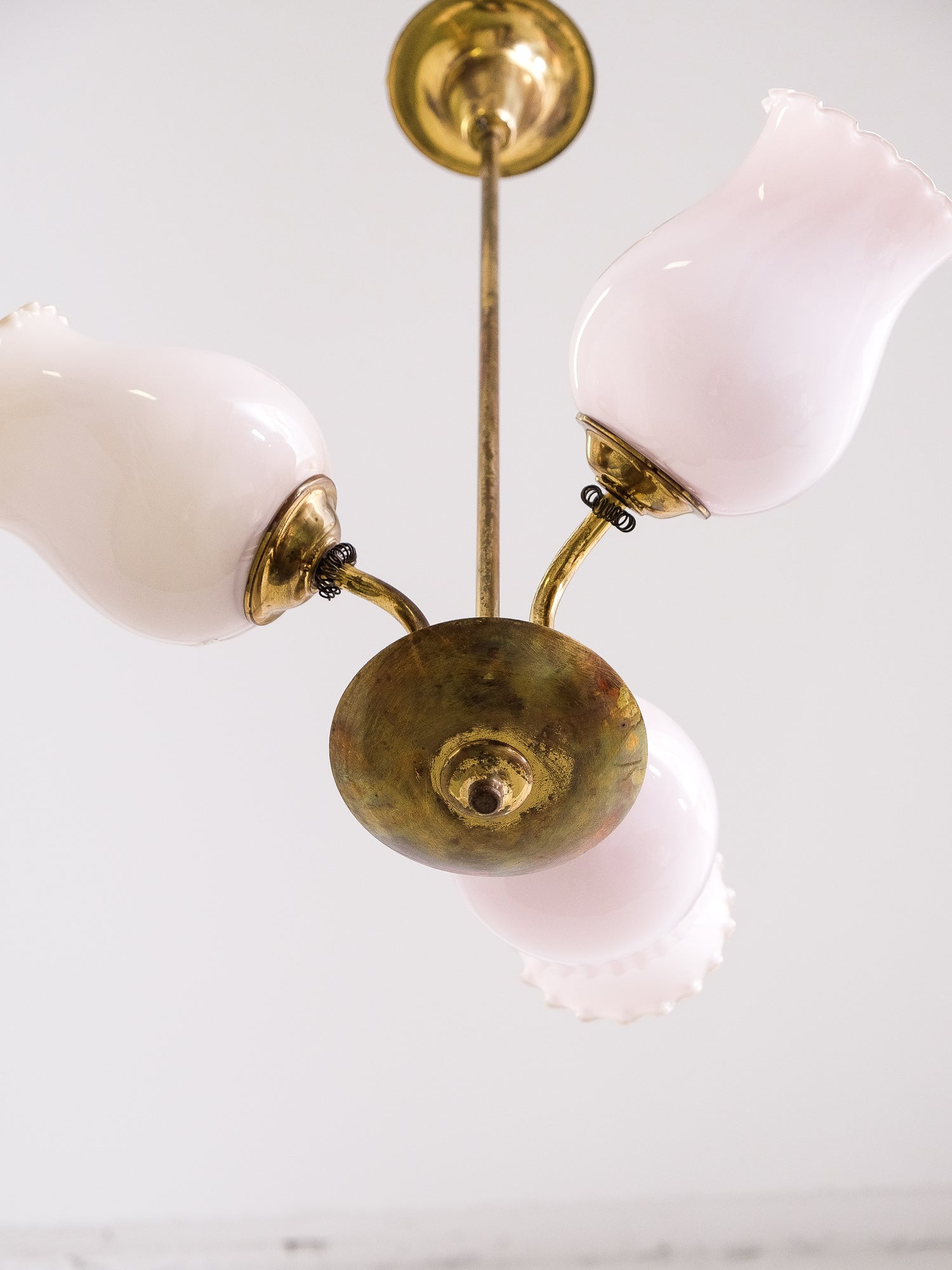 Brass Ceiling Light with Light Purple Glass Shades, 1950s