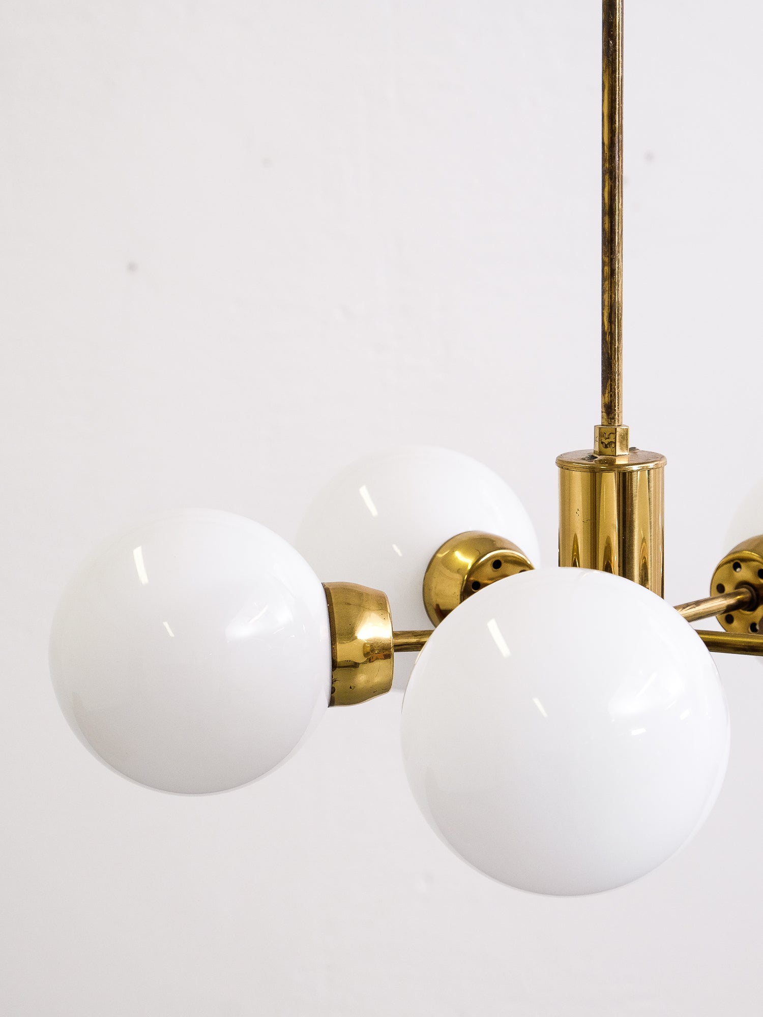Brass Sputnik Chandelier with 5 Opaline Glass Globes