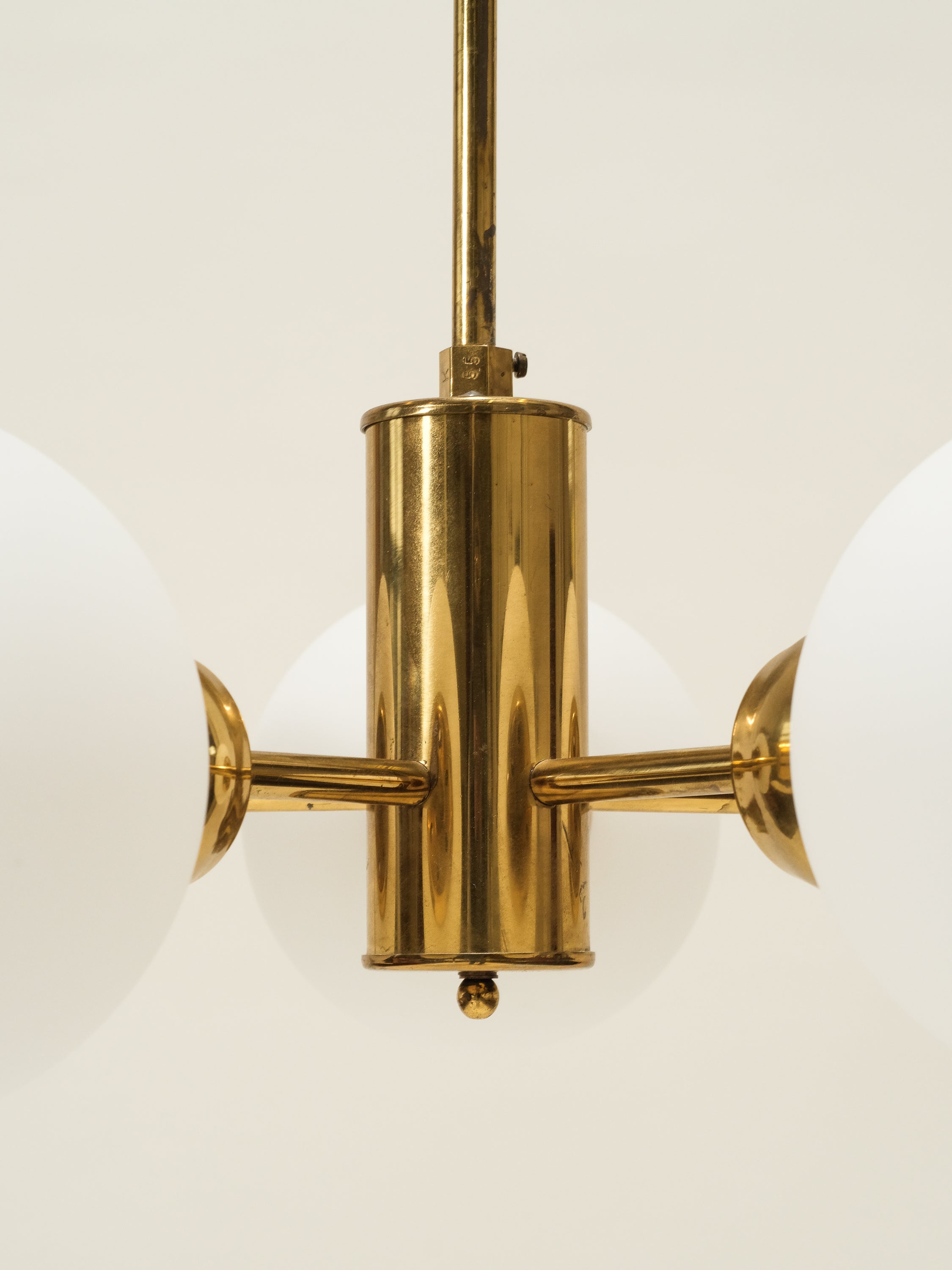 Brass Sputnik Chandelier with 5 Matte Opaline Glass Globes