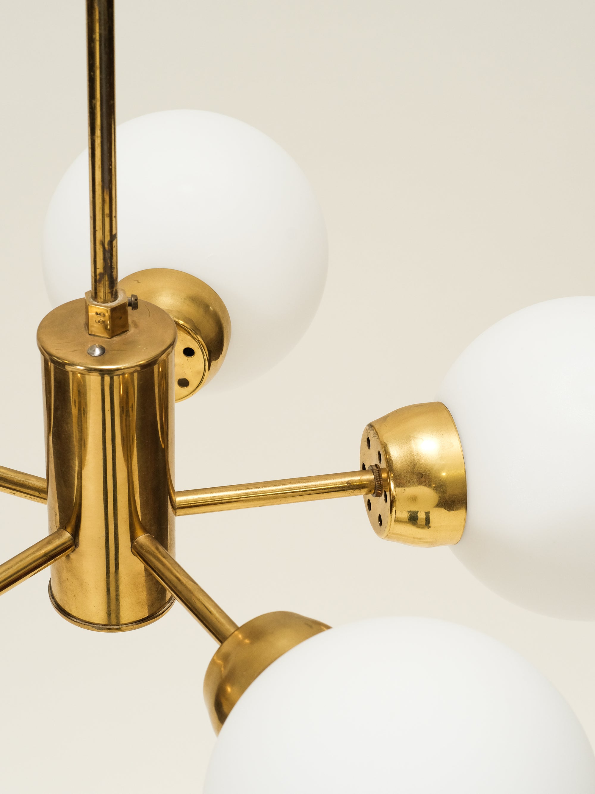 Brass Sputnik Chandelier with 5 Matte Opaline Glass Globes