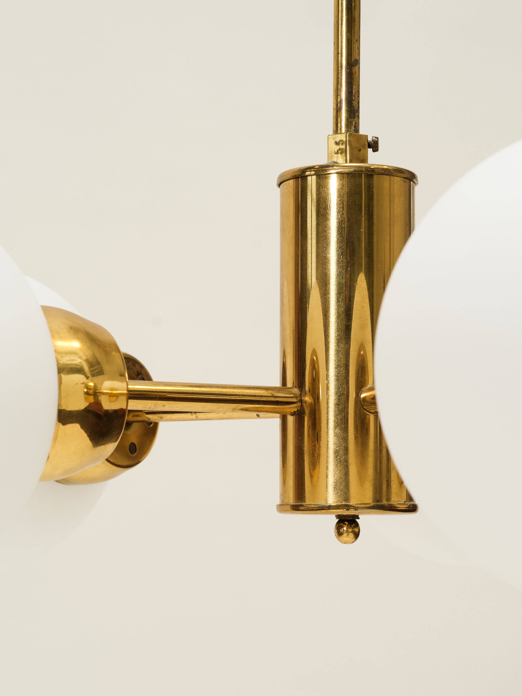 Brass Sputnik Chandelier with 5 Matte Opaline Glass Globes