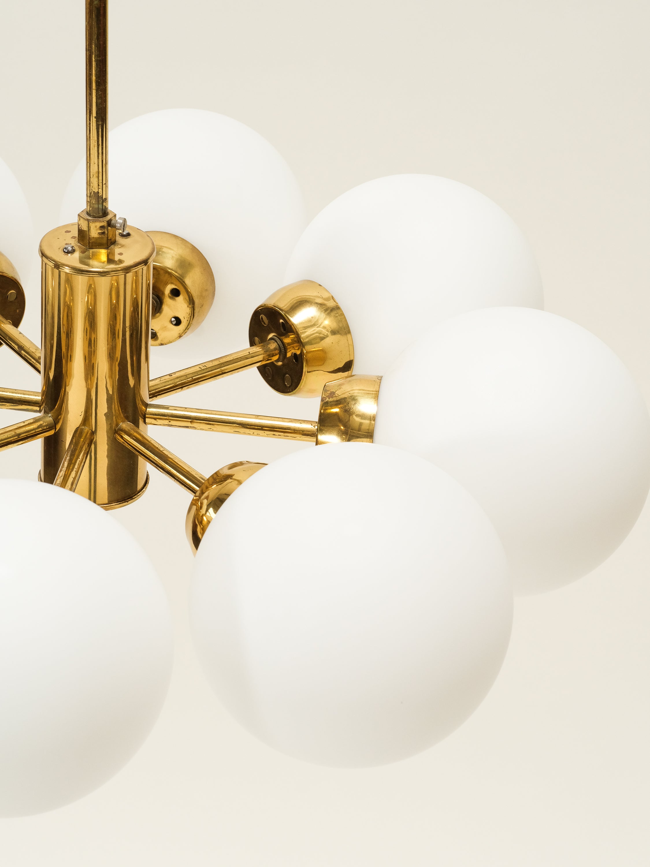 Brass Sputnik Chandelier with 8 Matte Opaline Glass Globes