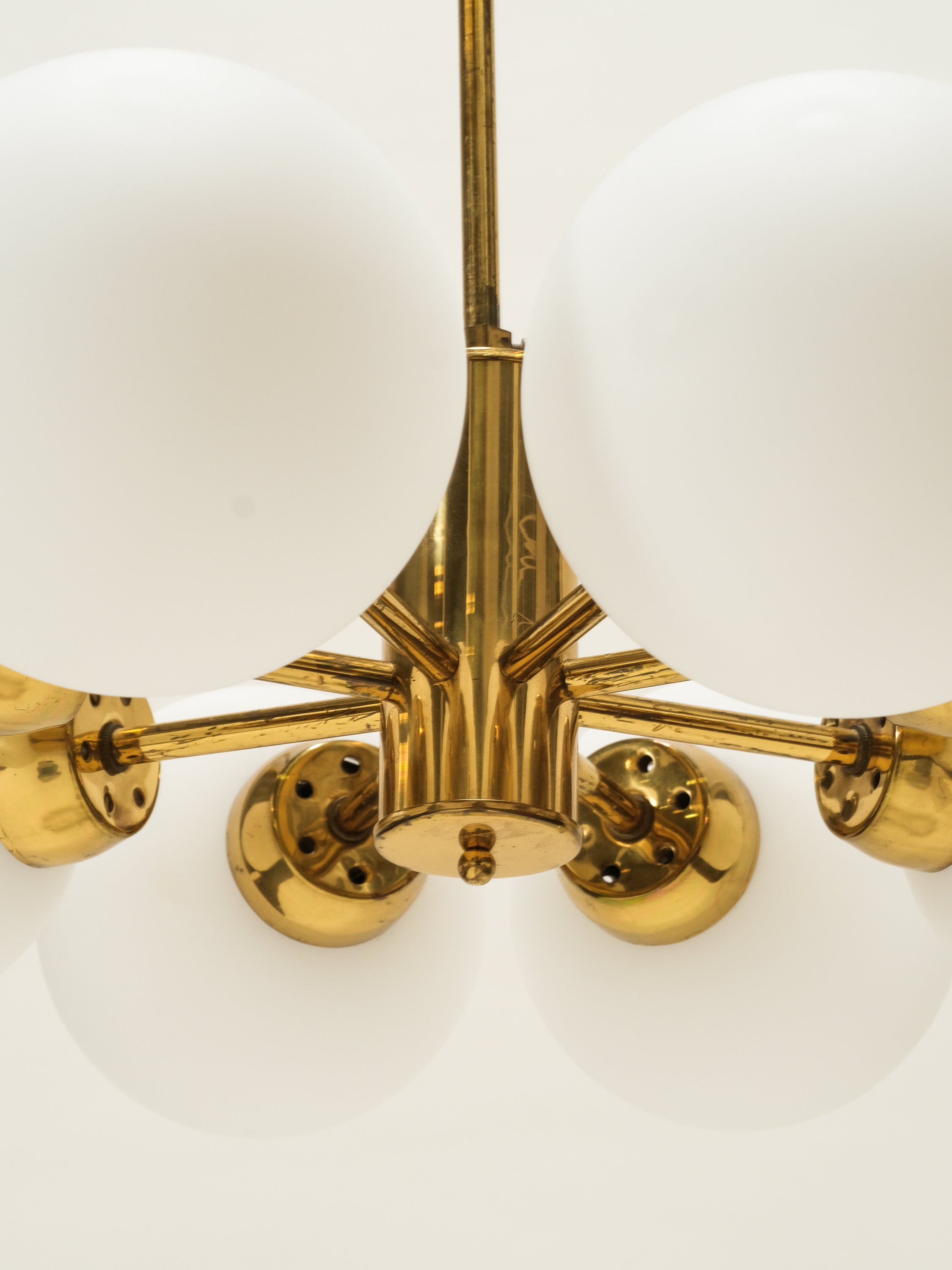 Brass Sputnik Chandelier with 8 Matte Opaline Glass Globes
