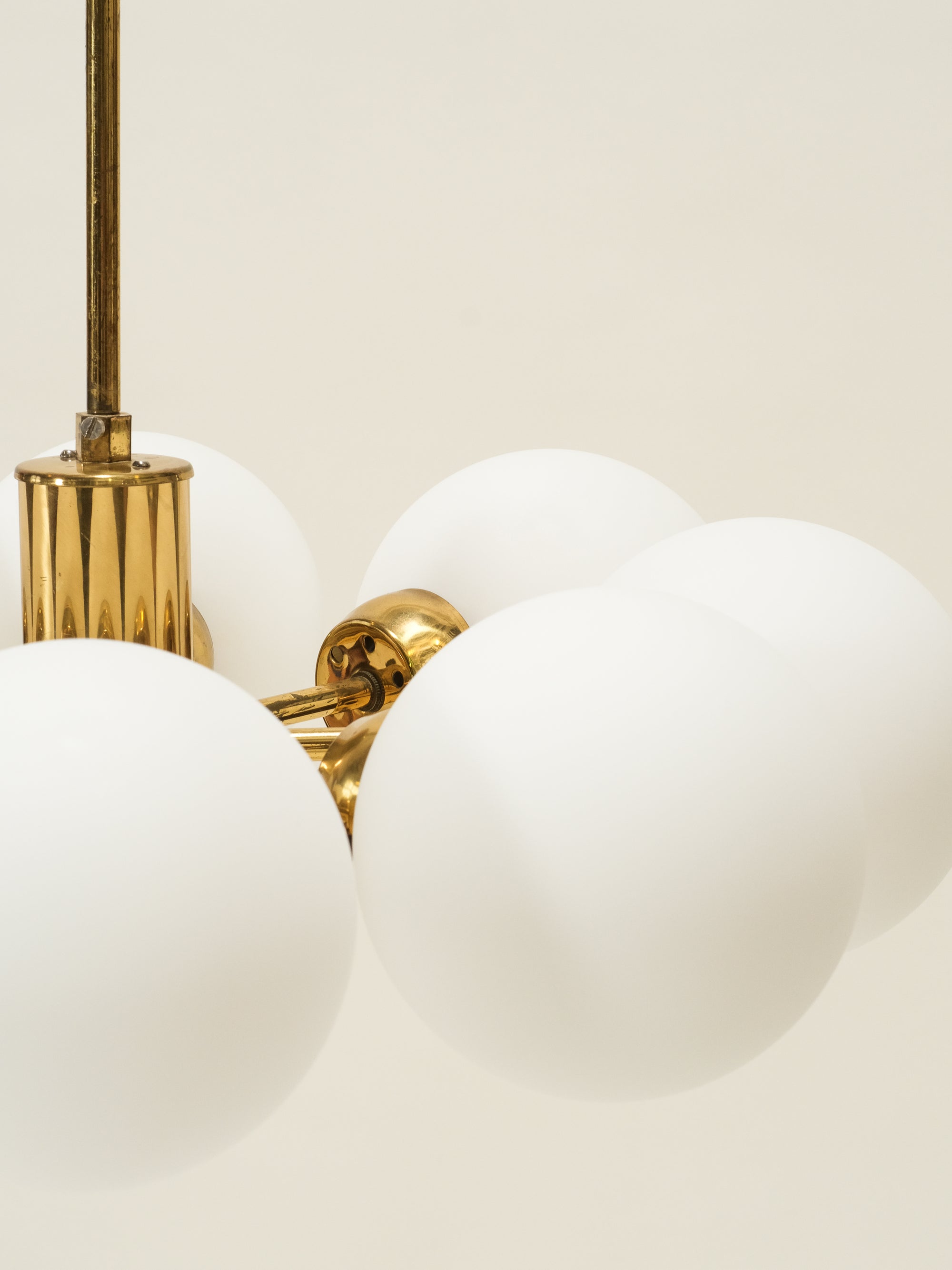 Brass Sputnik Chandelier with 8 Matte Opaline Glass Globes