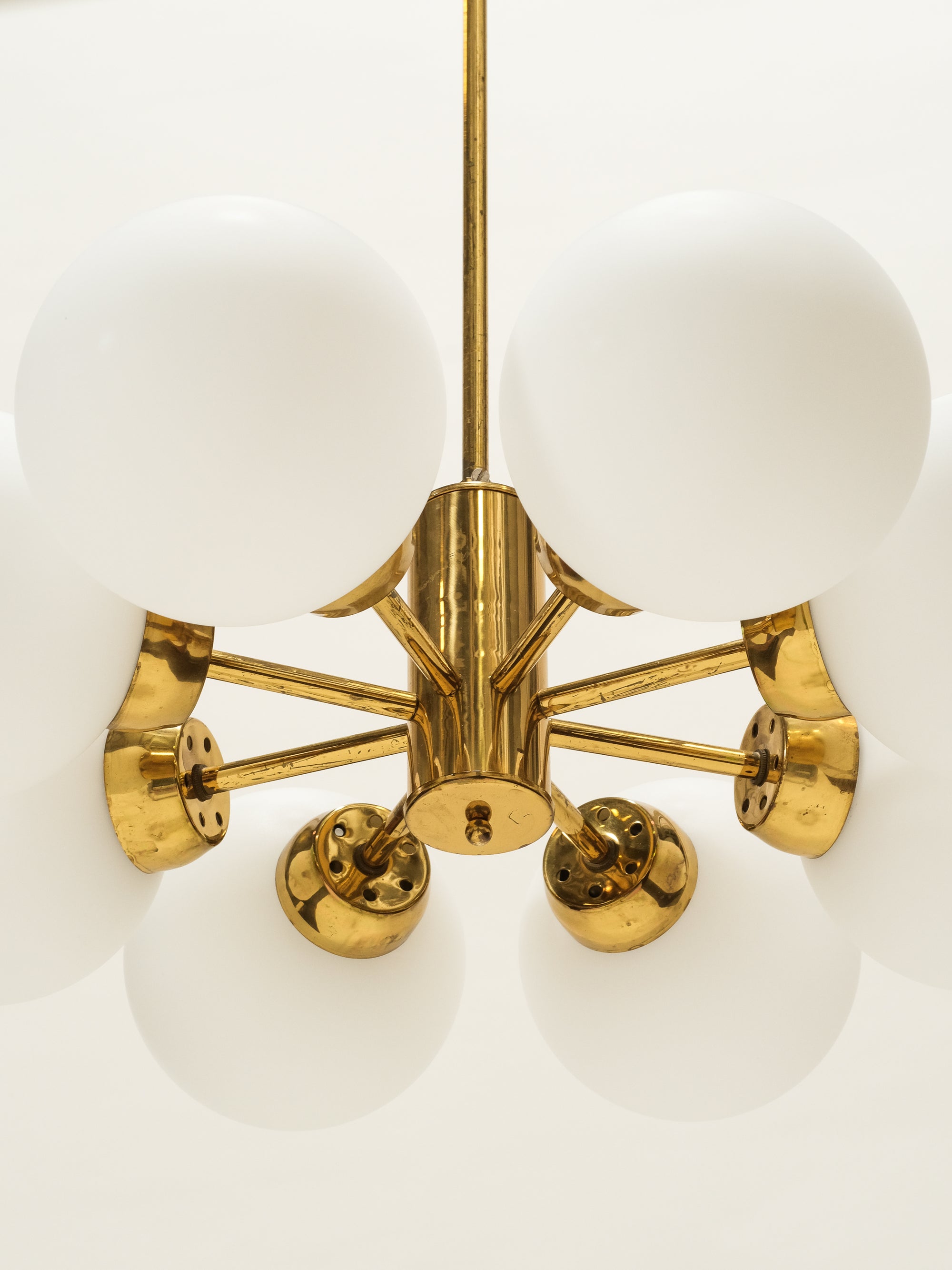 Brass Sputnik Chandelier with 8 Matte Opaline Glass Globes