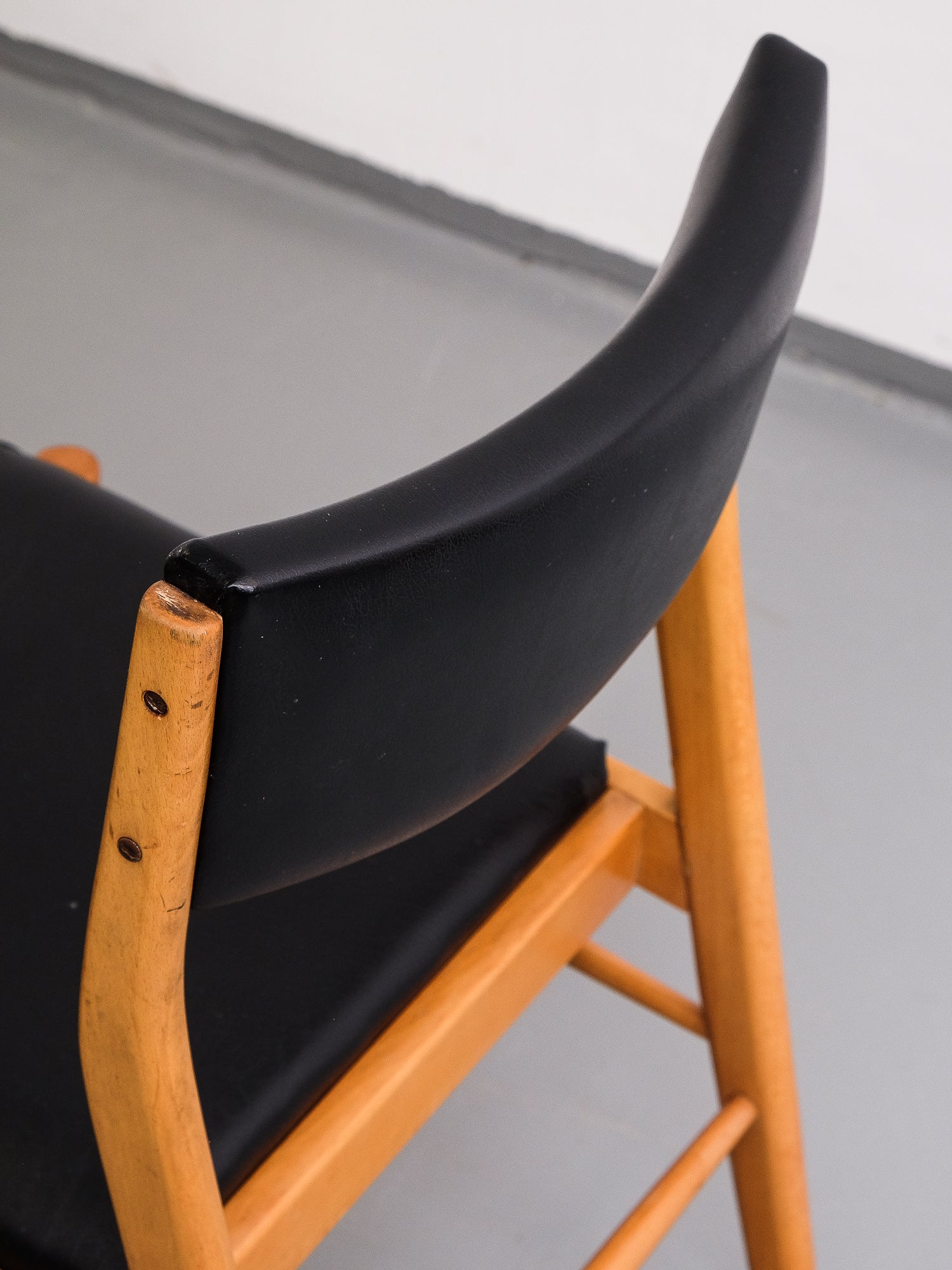 Scandinavian Beech and Black Leatherette Dining Chairs, 1950s, Set of 3